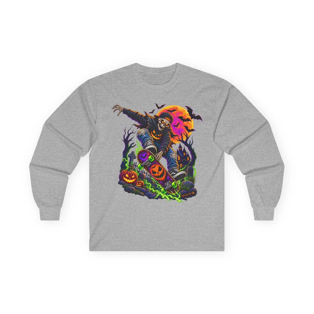 Halloween Skeleton Skateboarder Graphic Long Sleeve Tee