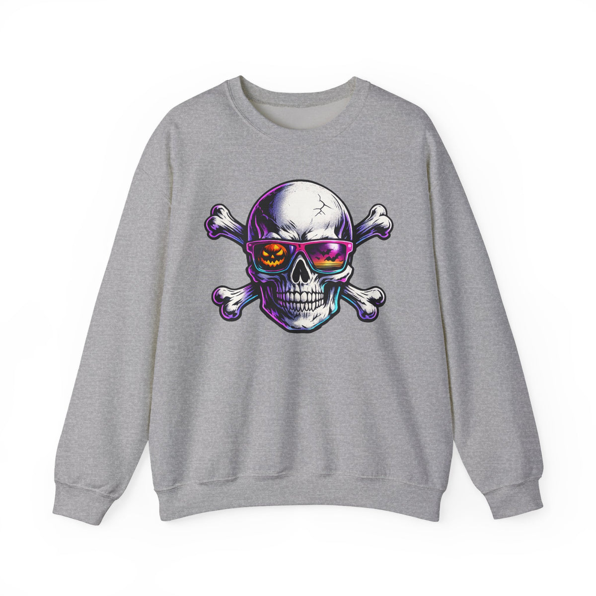 Skull & Crossbones Crewneck Sweatshirt — Neon Sunglasses Halloween Skull Graphic
