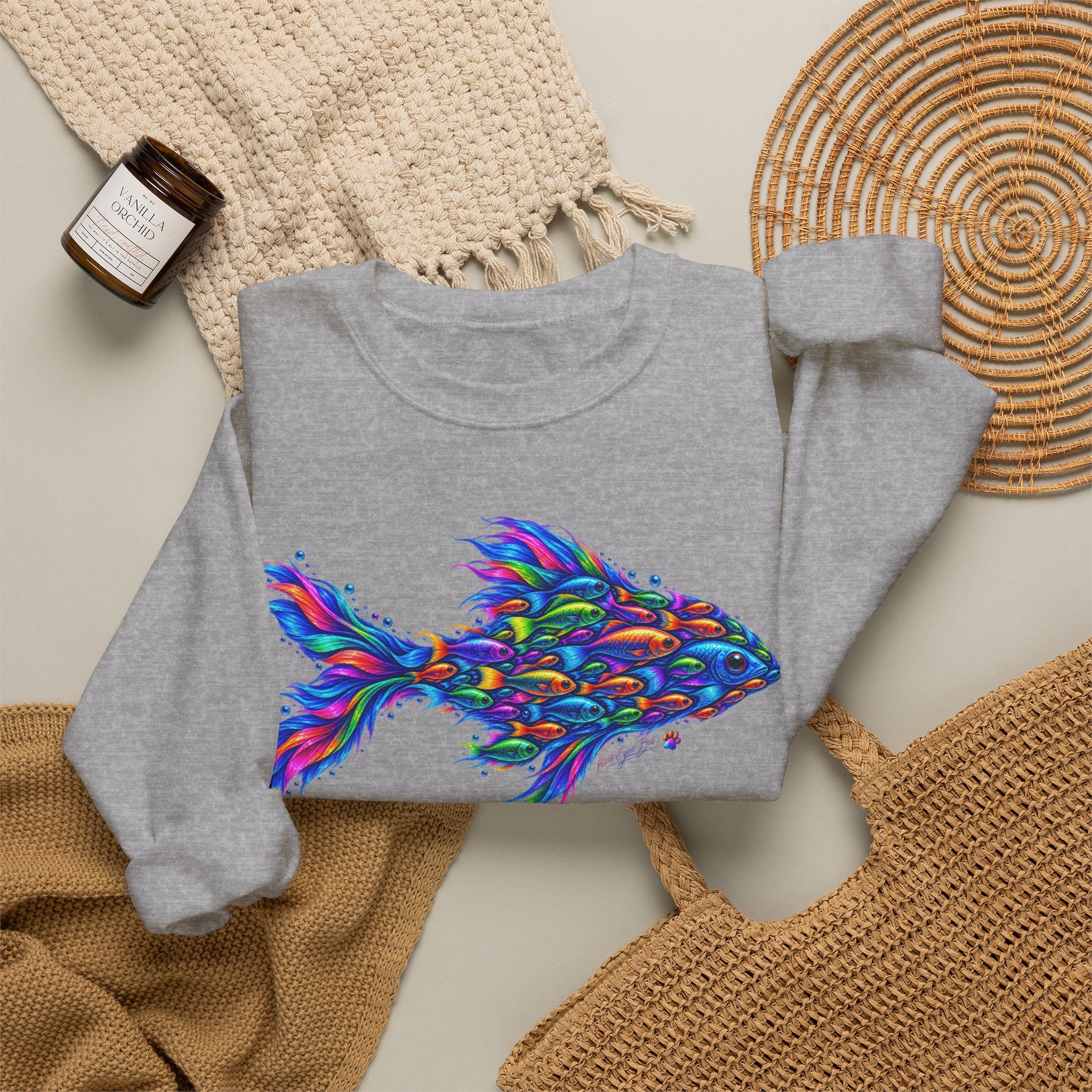 Colorful Fish Crewneck Sweatshirt — Vibrant Psychedelic Fish Graphic