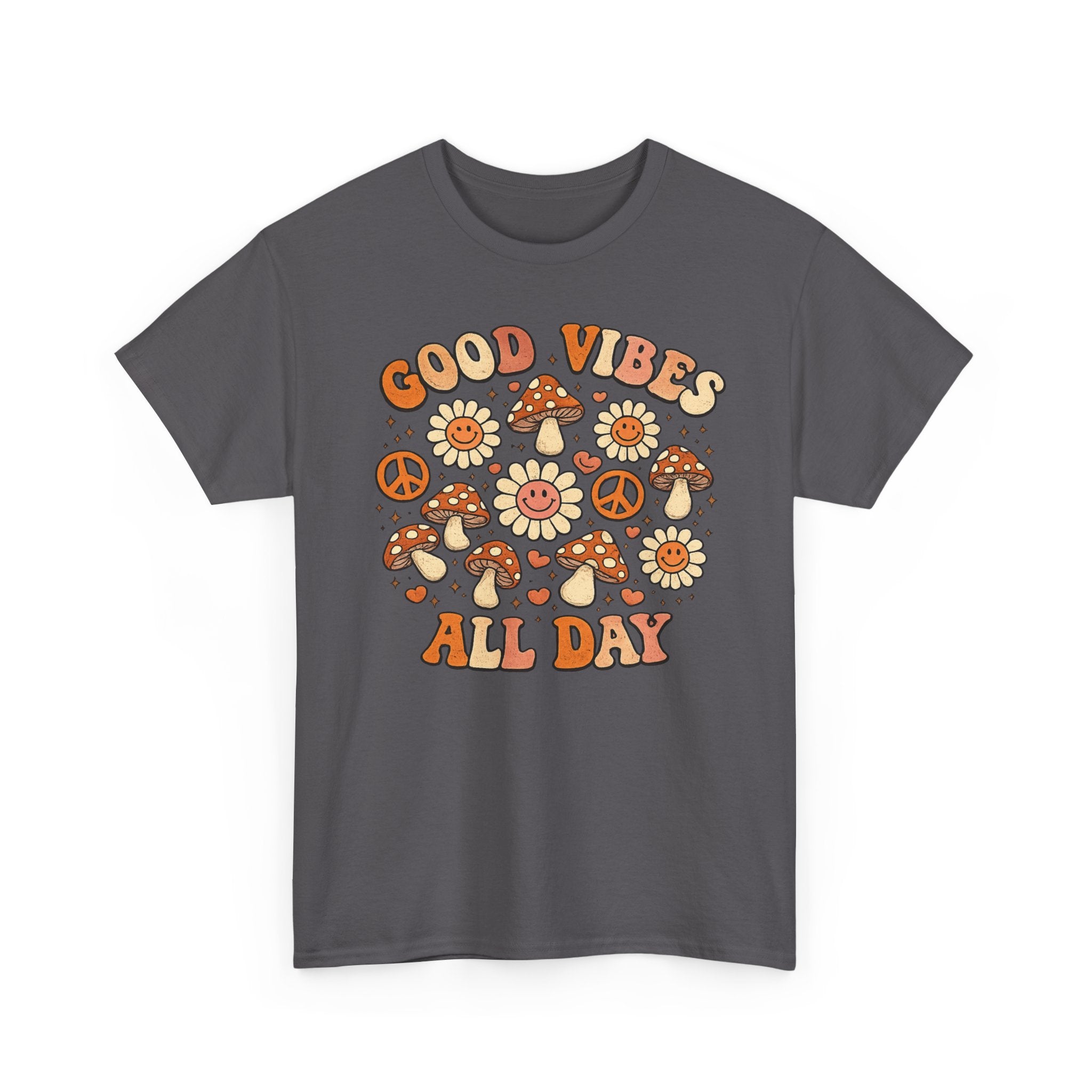 Boho-Good Vibes All Day T-Shirt — Retro Mushroom & Daisy Graphic Tee