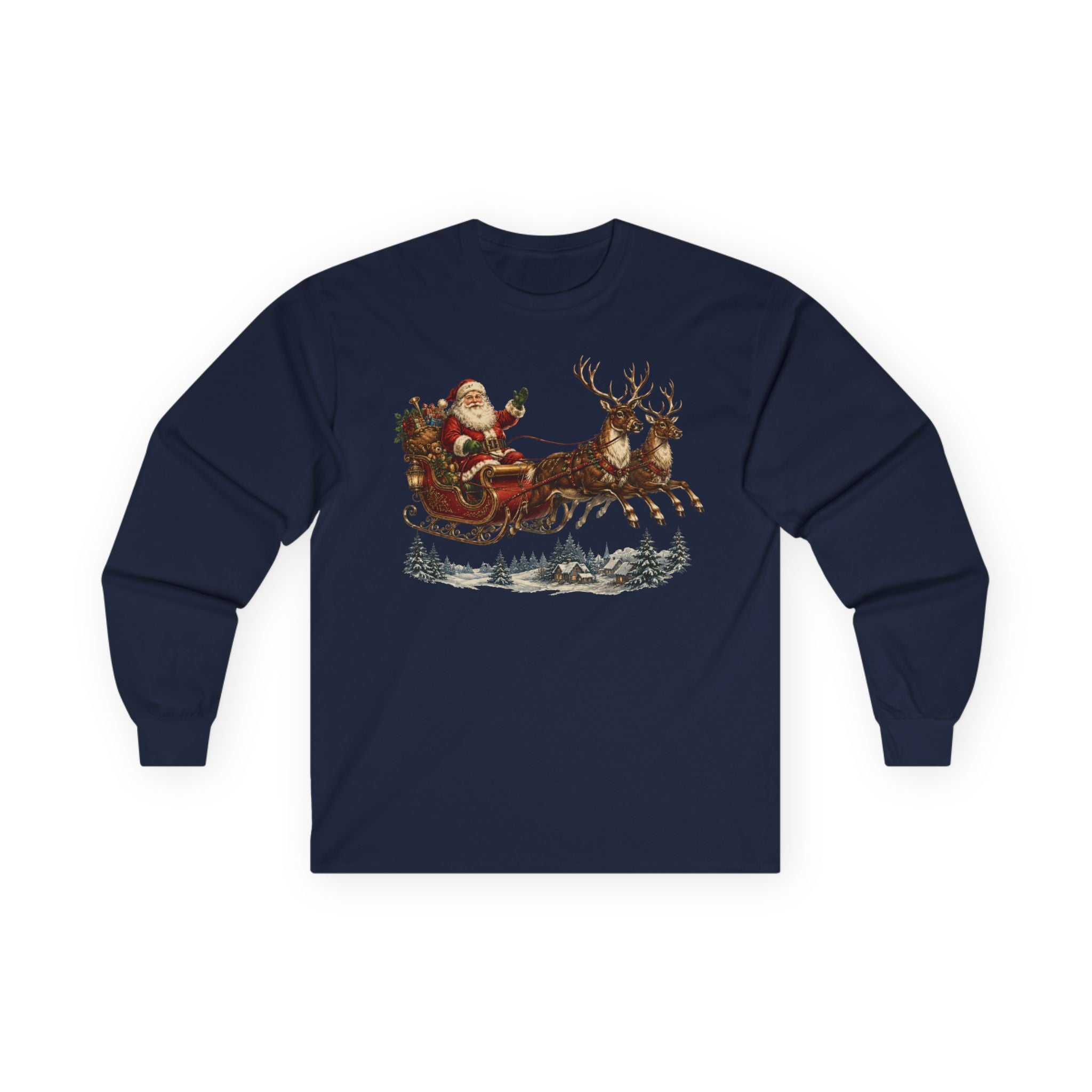 Santa Sleigh Long Sleeve Tee — Vintage Christmas Reindeer Shirt