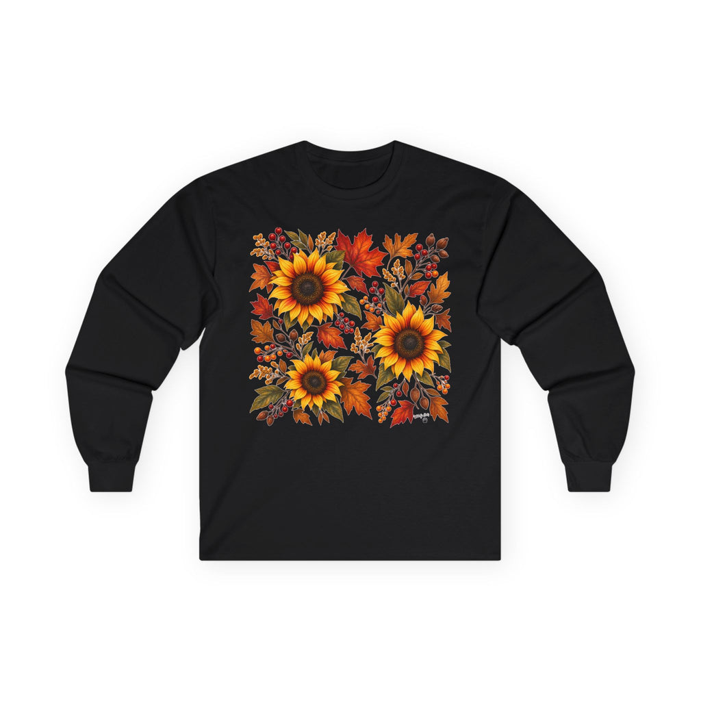 Sunflower & Autumn Leaves Long Sleeve Tee — Fall Floral Graphic Shirt