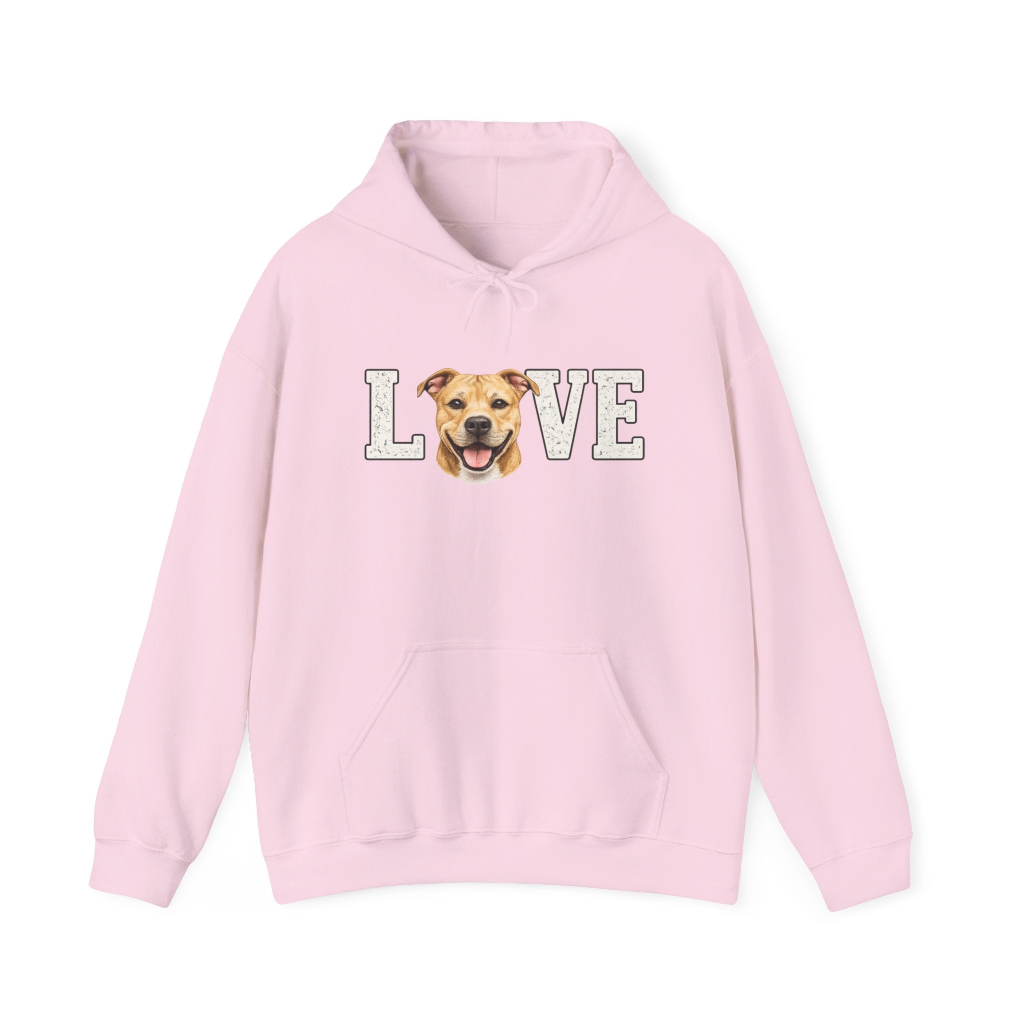 Pit Bull Love Hoodie — "LOVE" with Happy Pit Bull Dog Face | Pet Lover Pullover