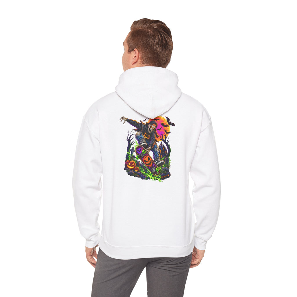 Halloween Skeleton skateboarder Hoodie — Pumpkin Patch Horror Graphic Sweatshirt