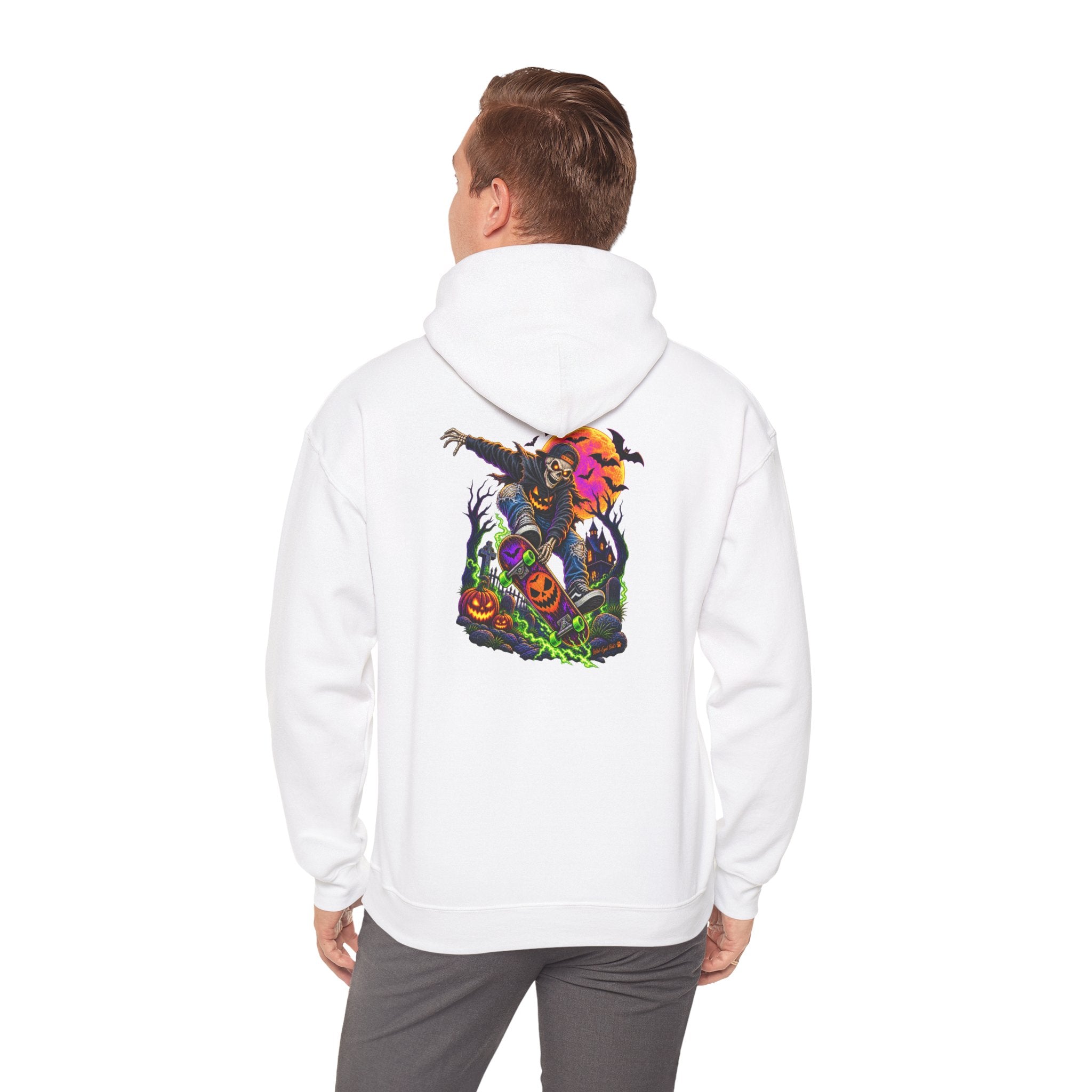 Halloween Skeleton skateboarder Hoodie — Pumpkin Patch Horror Graphic Sweatshirt