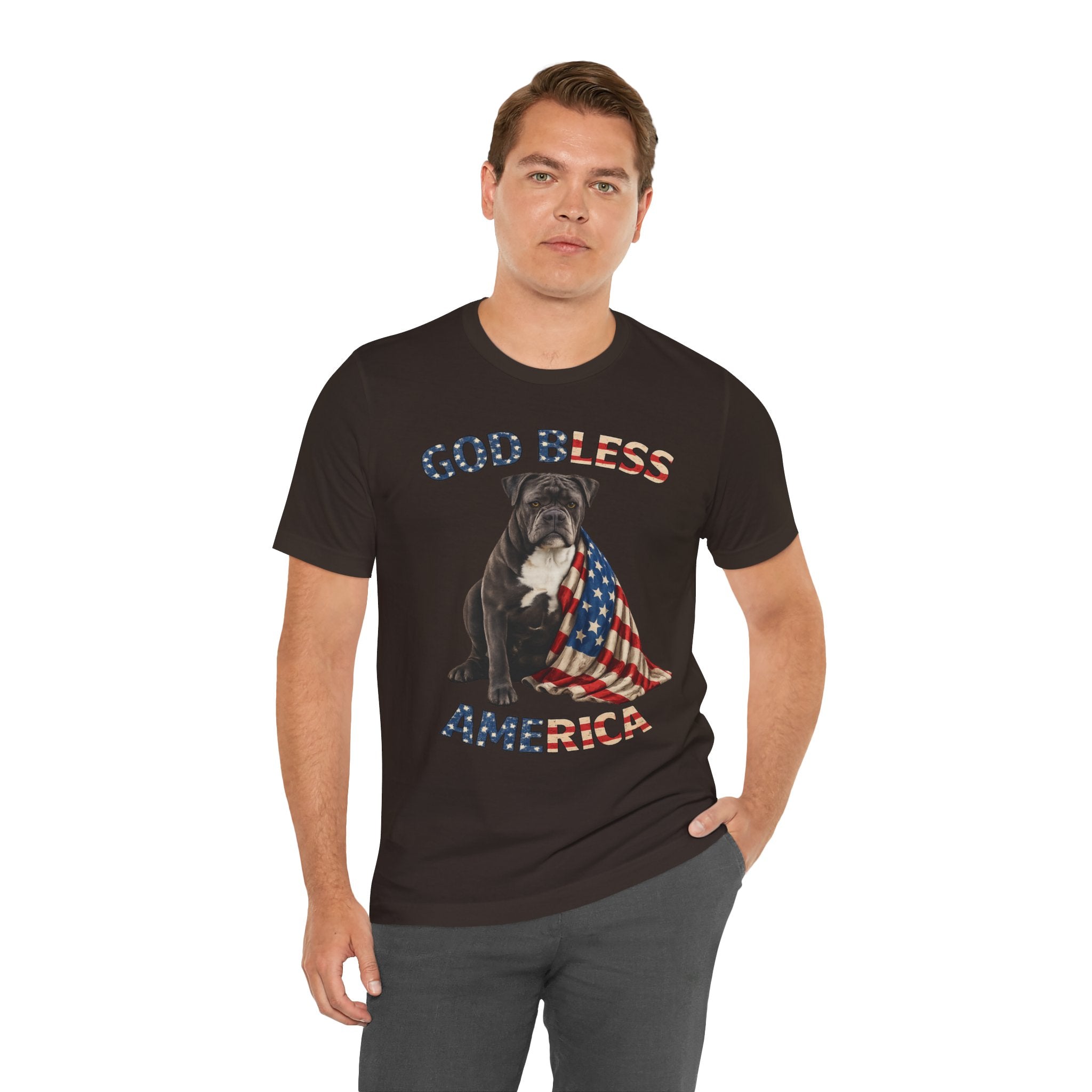 Patriotic Bulldog Tee – "God Bless America" USA Flag Dog T-Shirt