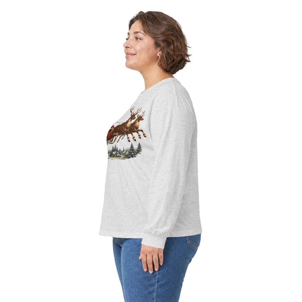 Santa Sleigh Long Sleeve Tee — Vintage Christmas Reindeer Shirt
