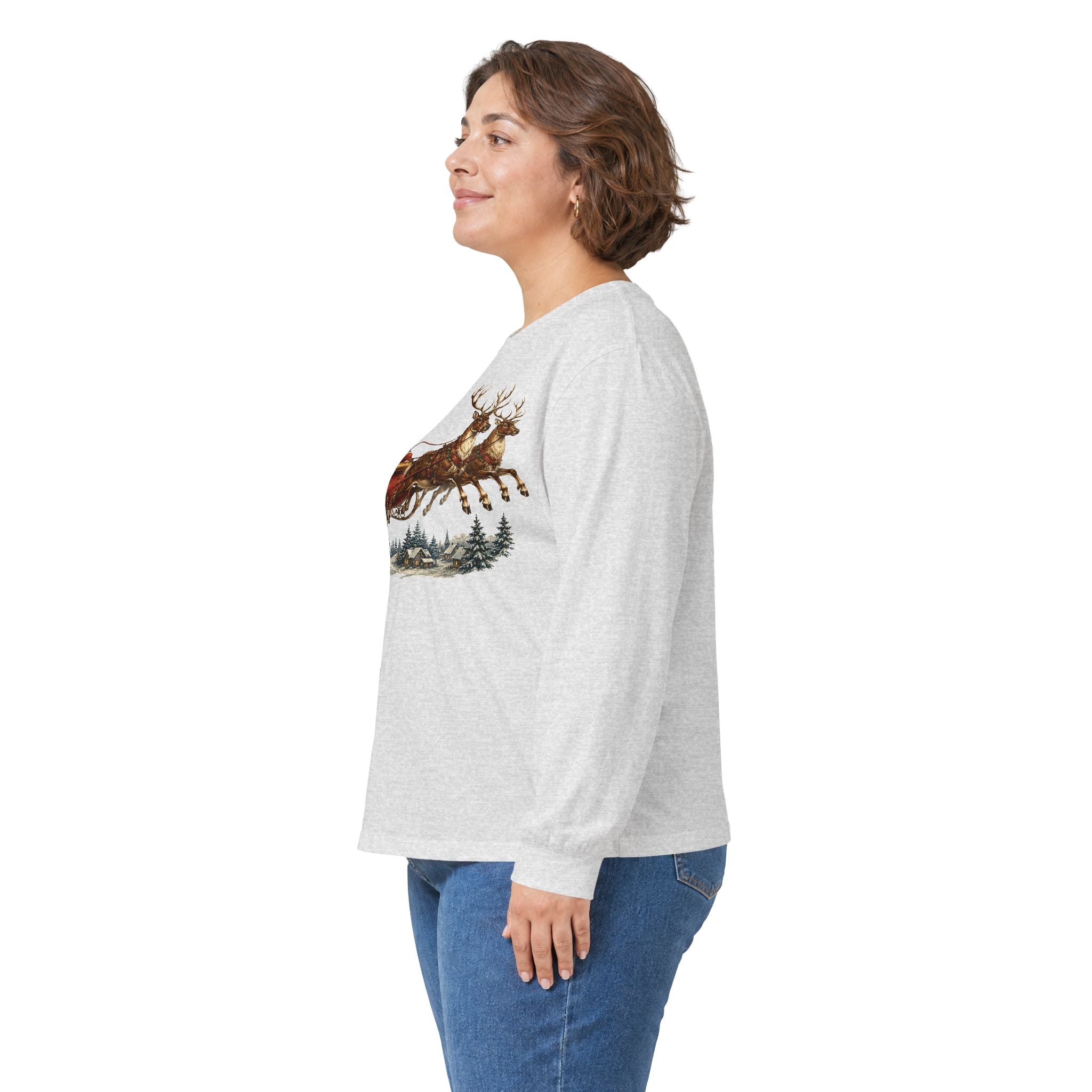 Santa Sleigh Long Sleeve Tee — Vintage Christmas Reindeer Shirt