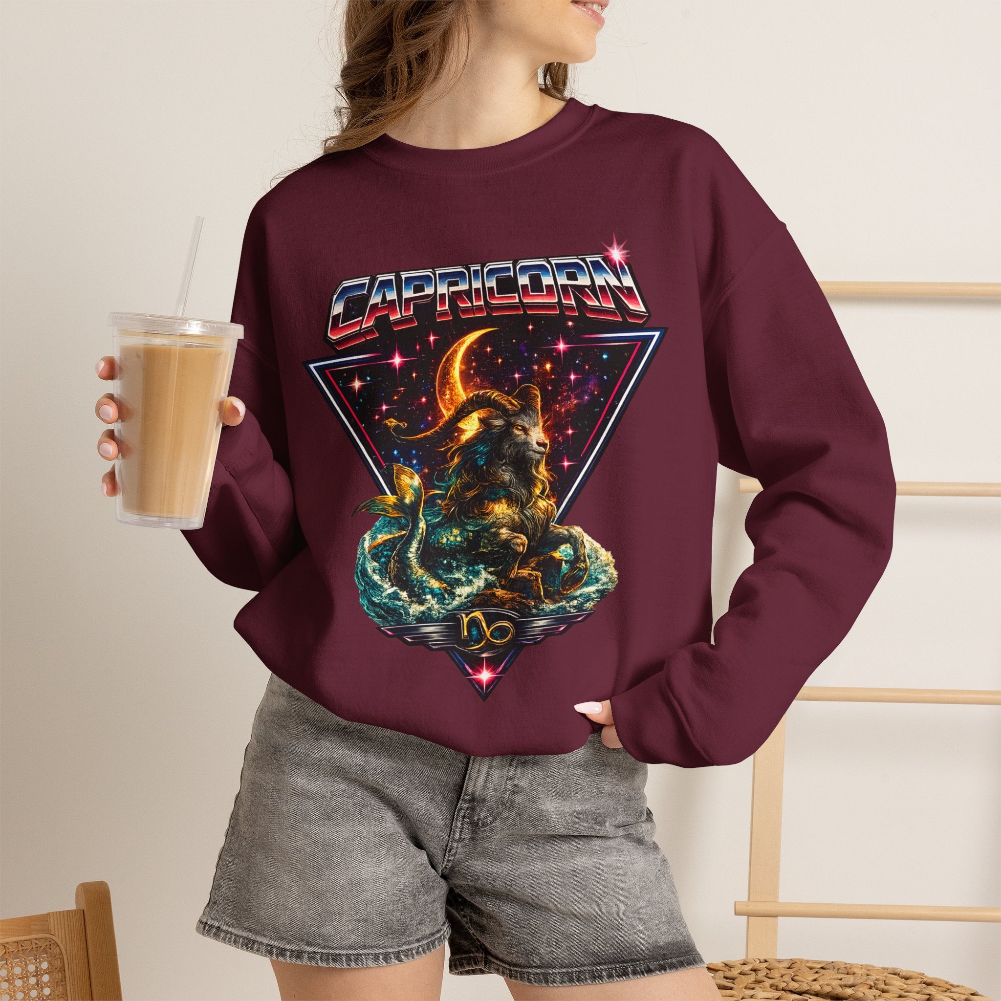 Capricorn Zodiac Crewneck Sweatshirt — Vintage Cosmic Goat Astro Tee