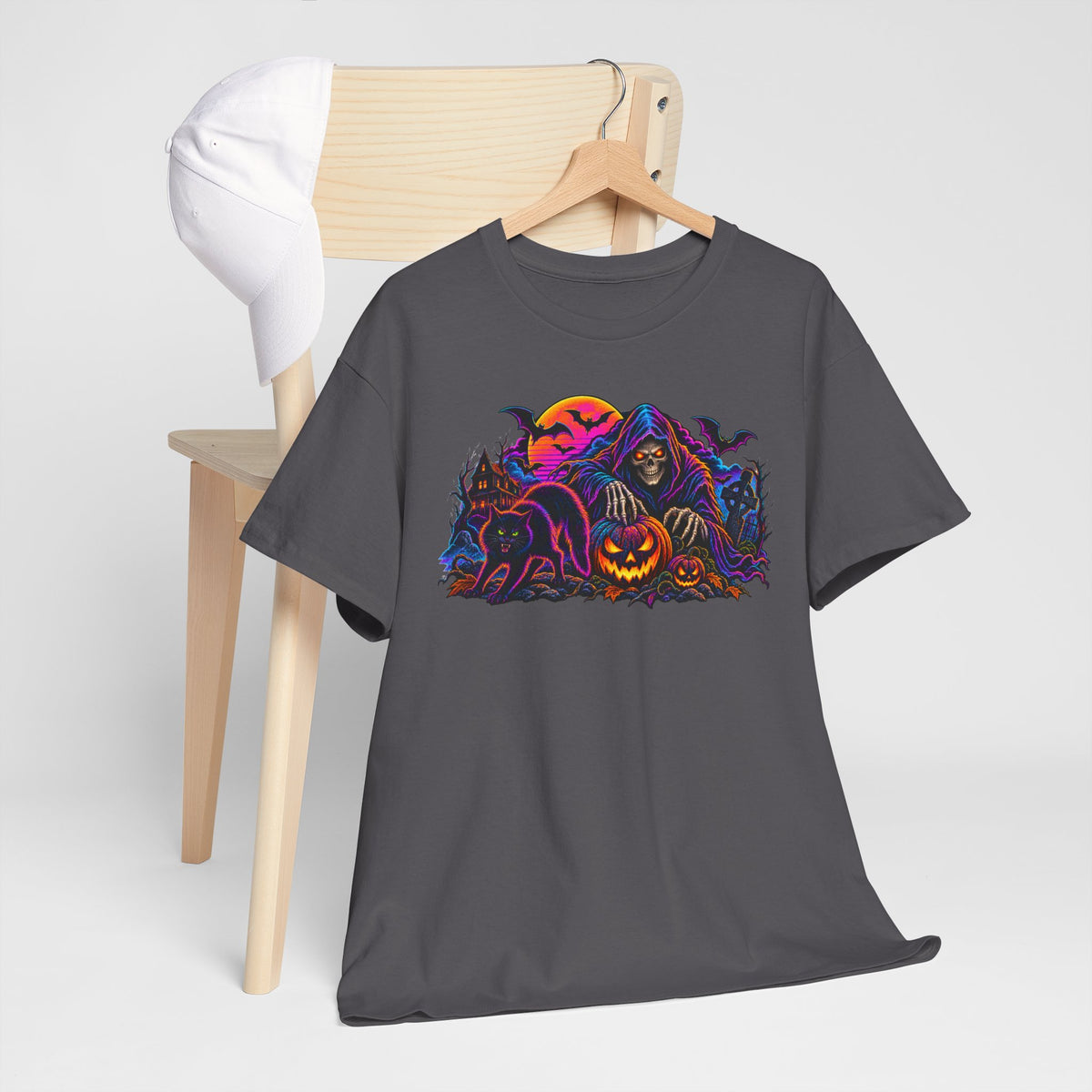Halloween Grim Reaper Jack-O'-Lantern Tee — Retro Neon Spooky Skull Shirt