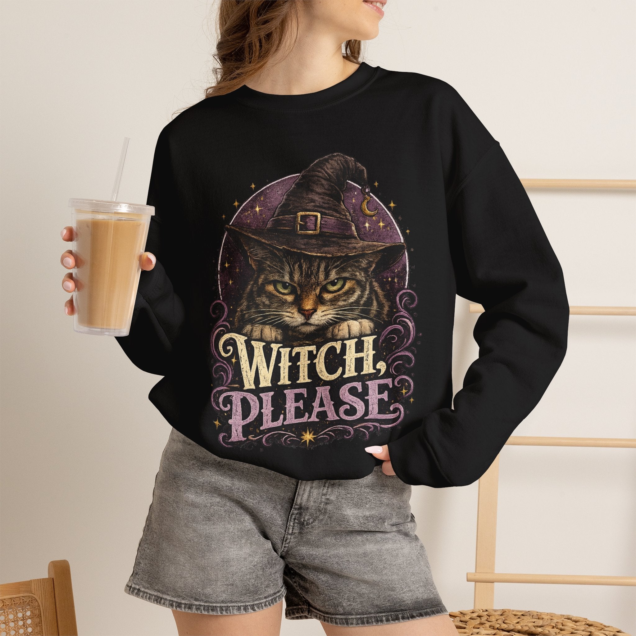 Witch Please Sweatshirt — Halloween Cat Witch Graphic Crewneck