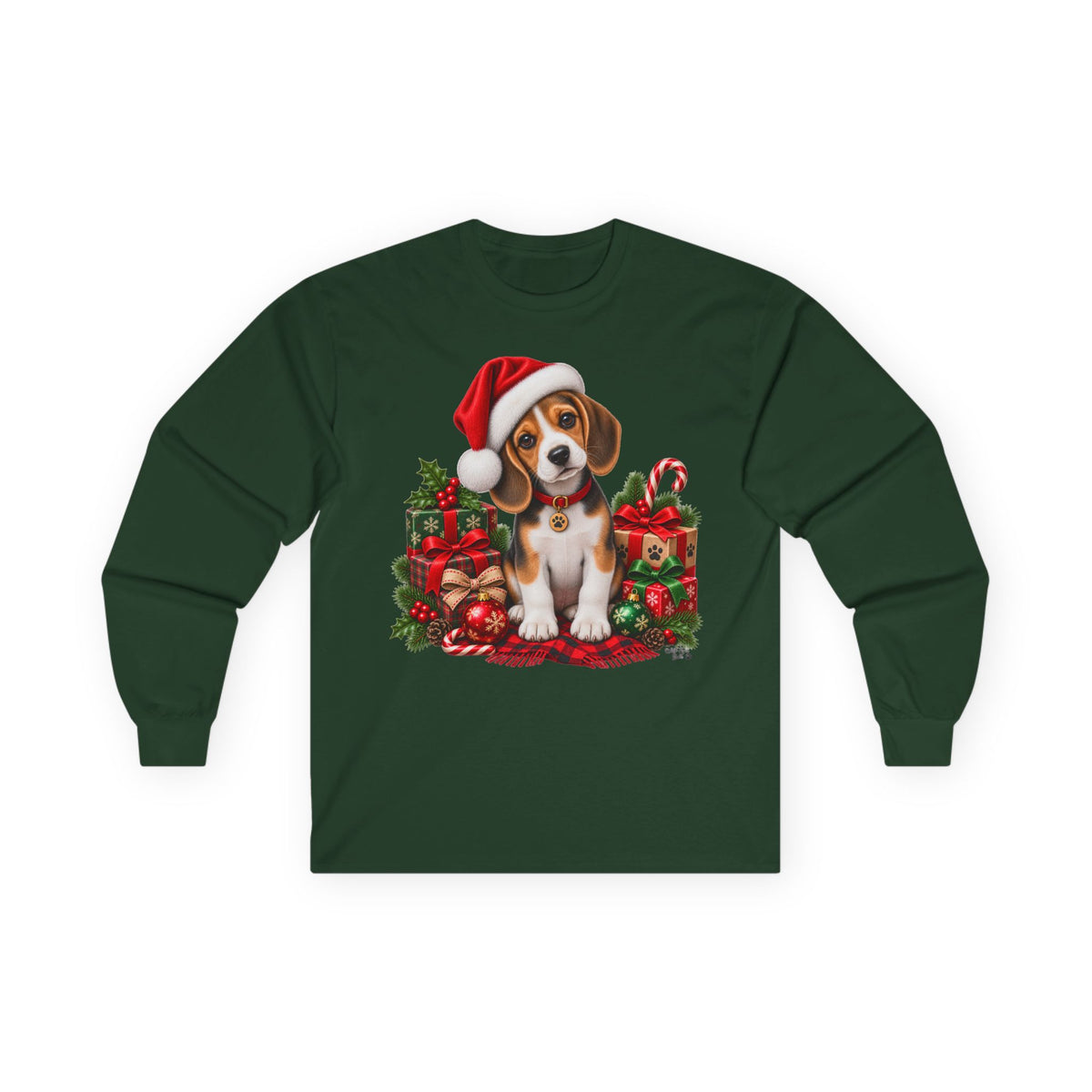Christmas Puppy Long Sleeve Tee — Cute Beagle in Santa Hat Holiday Shirt