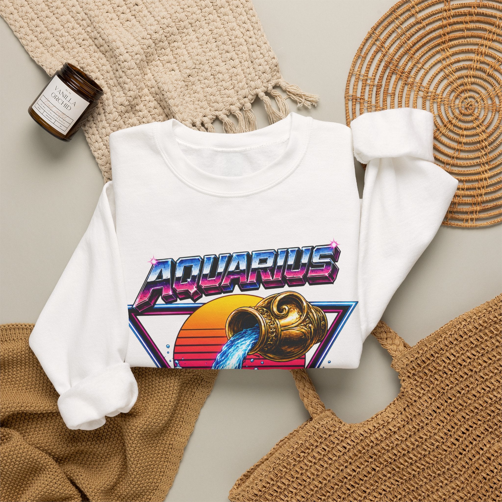 Aquarius Zodiac Crewneck Sweatshirt — Retro Neon Water-Bearer Design