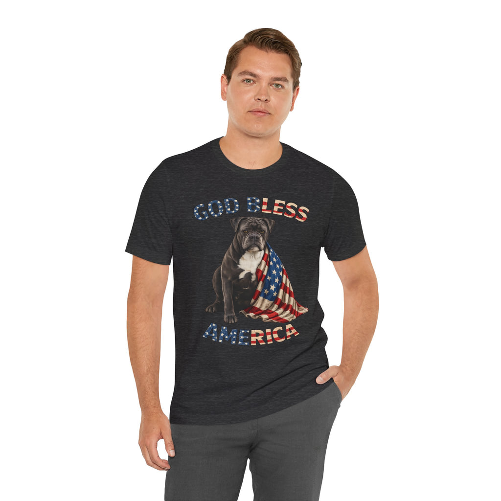 Patriotic Bulldog Tee – "God Bless America" USA Flag Dog T-Shirt