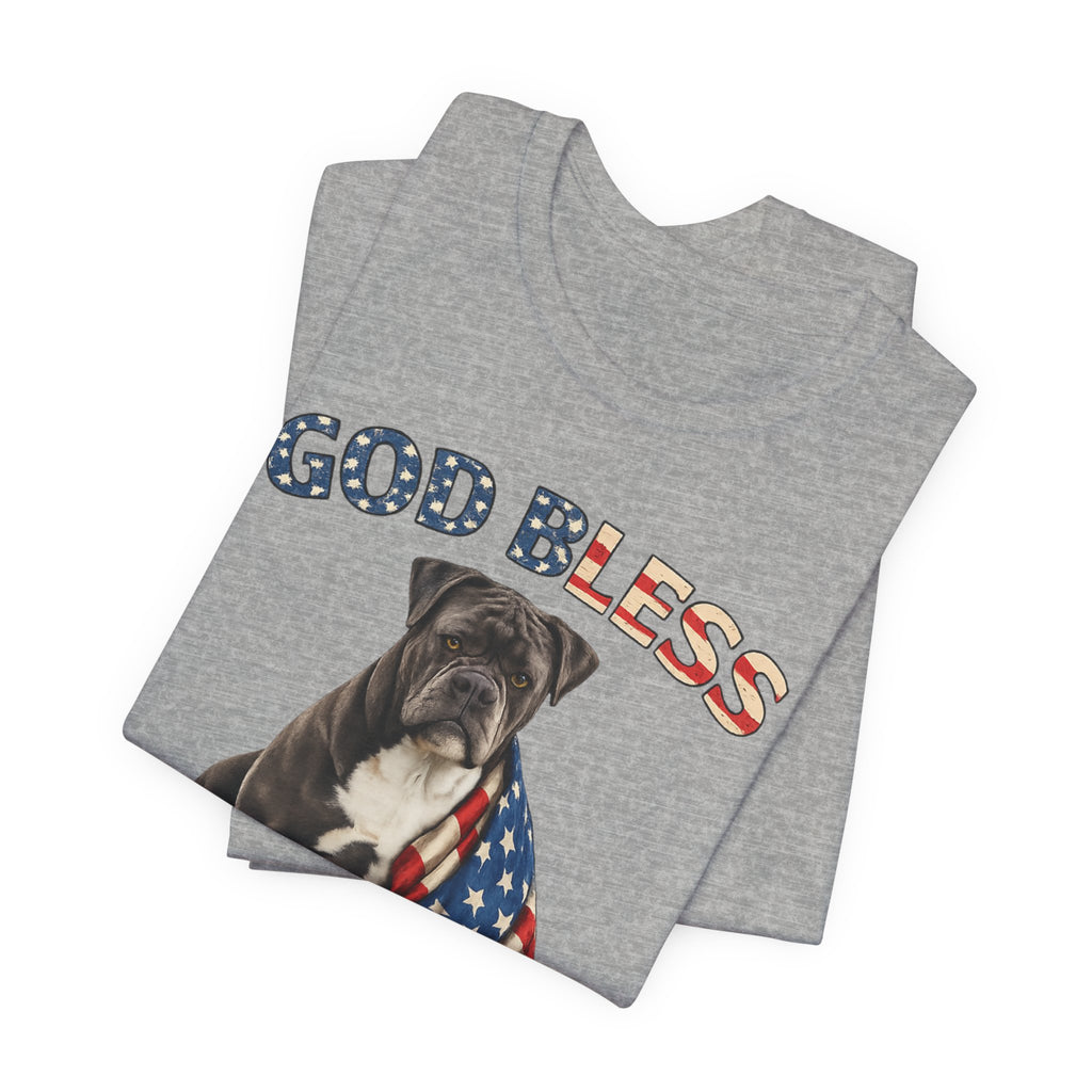 Patriotic Bulldog Tee – "God Bless America" USA Flag Dog T-Shirt