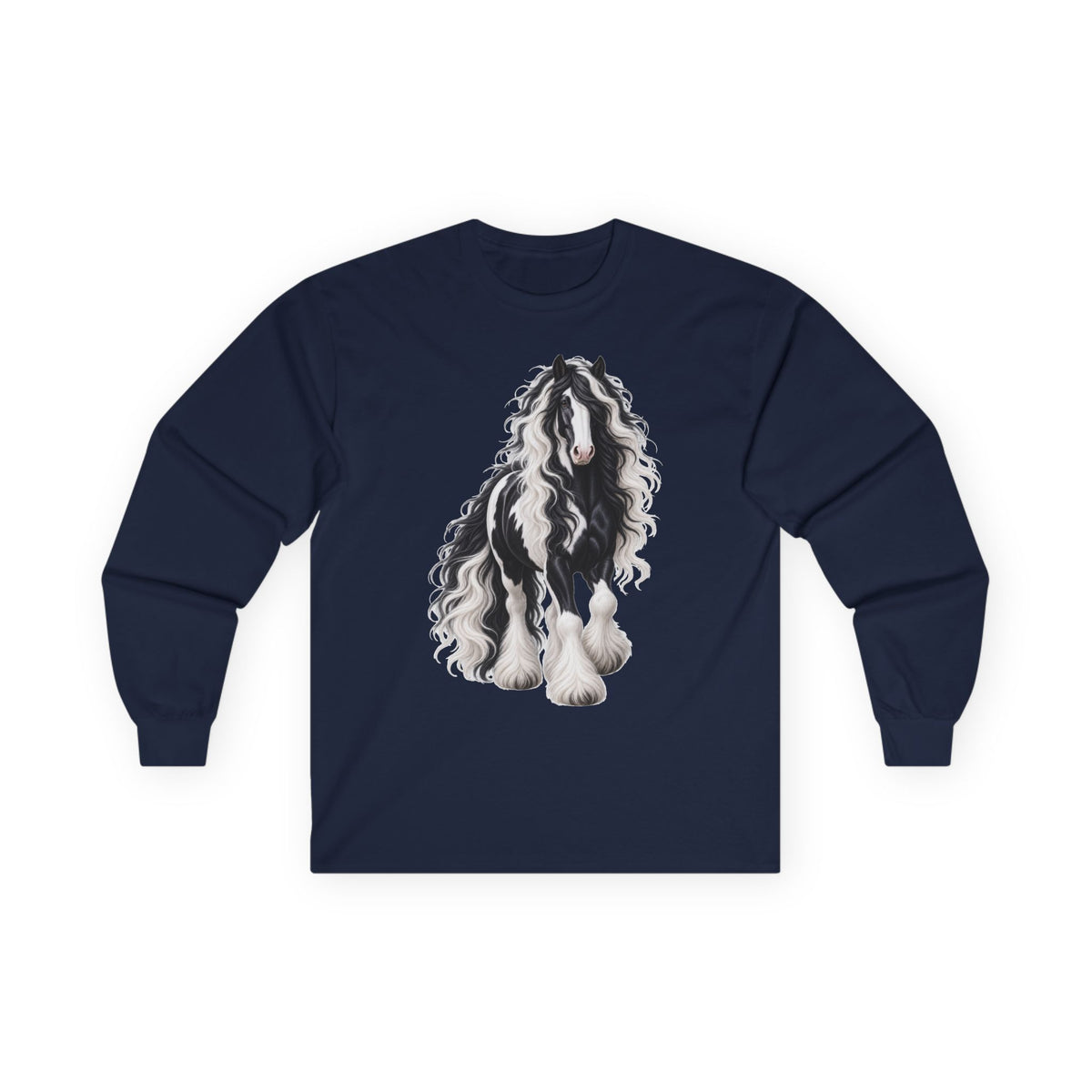 Gypsy Vanner Horse Long Sleeve Tee — Black & White Fluffy Horse Art