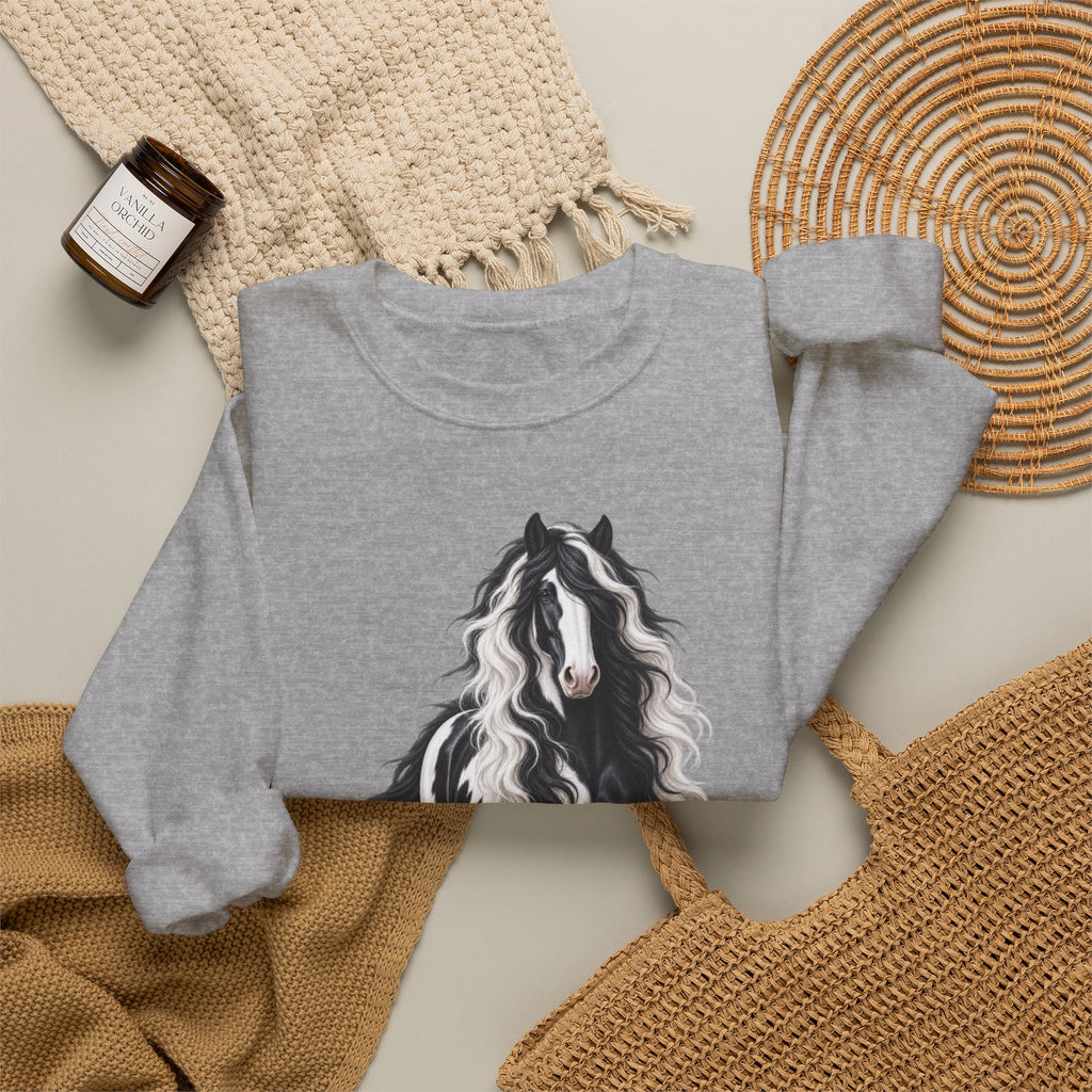 Gypsy Vanner Horse Crewneck Sweatshirt — Black & White Fluffy Pony Graphic
