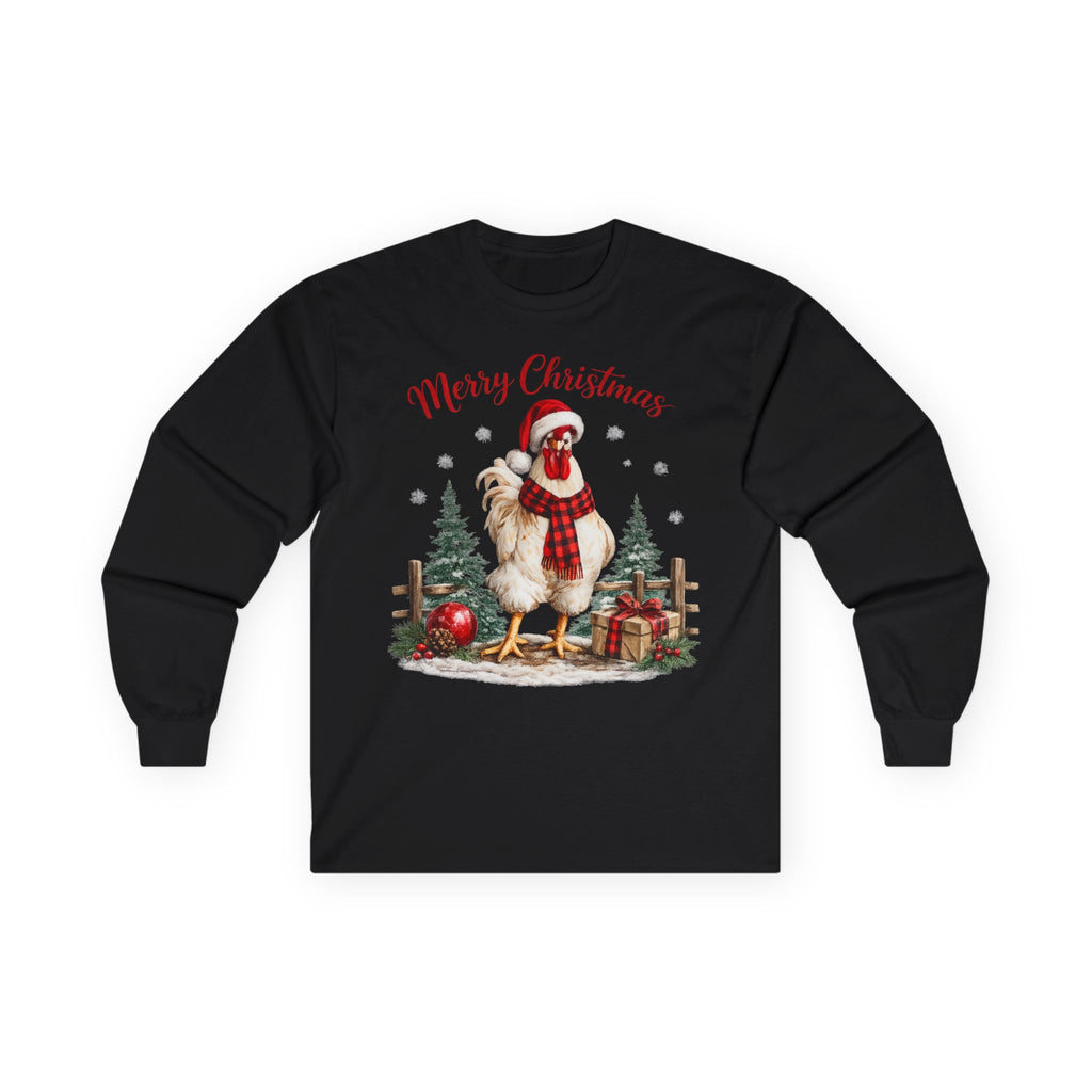 Christmas Rooster Long Sleeve Tee — “Merry Christmas” Holiday Duck with Scarf & Gifts