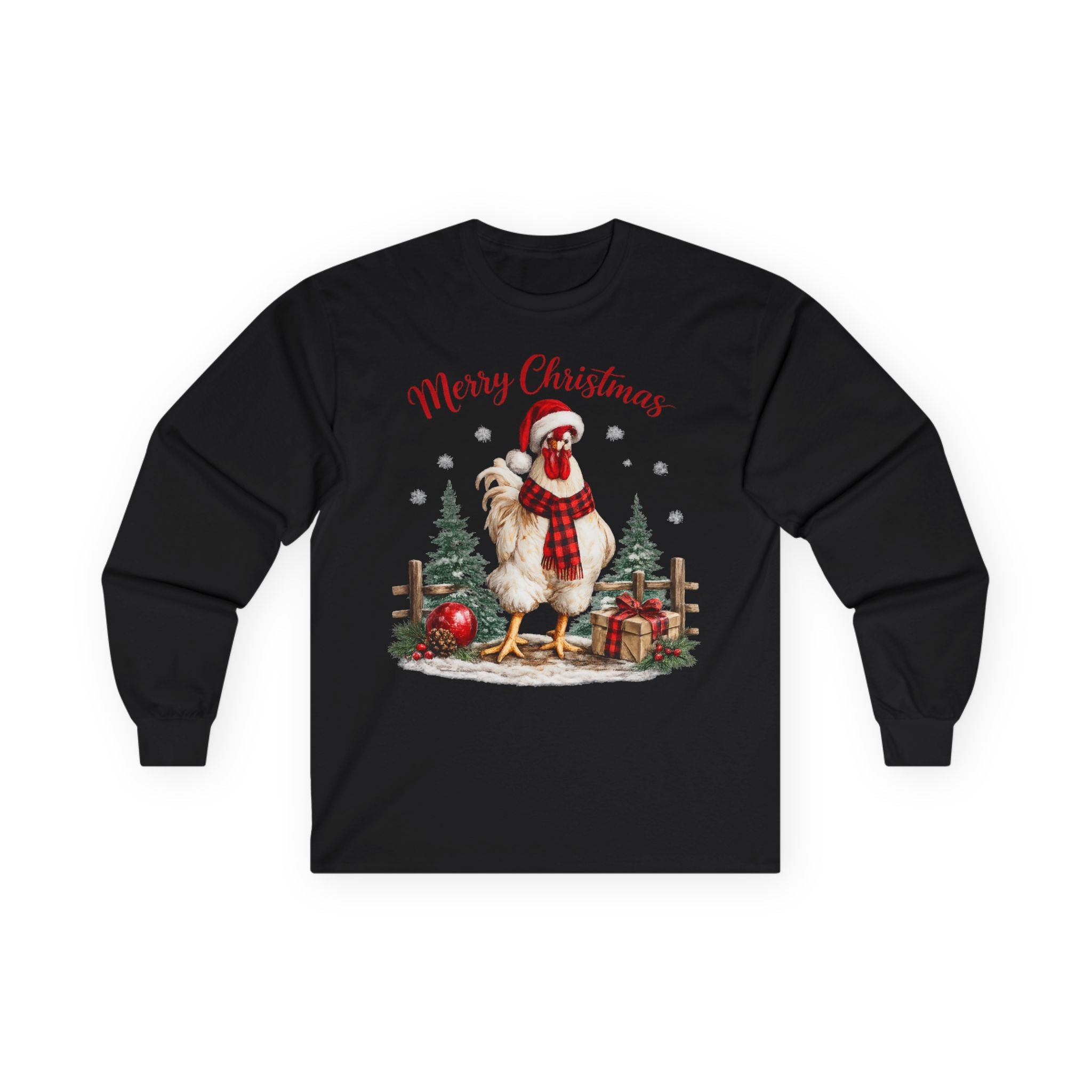 Christmas Rooster Long Sleeve Tee — “Merry Christmas” Holiday Duck with Scarf & Gifts