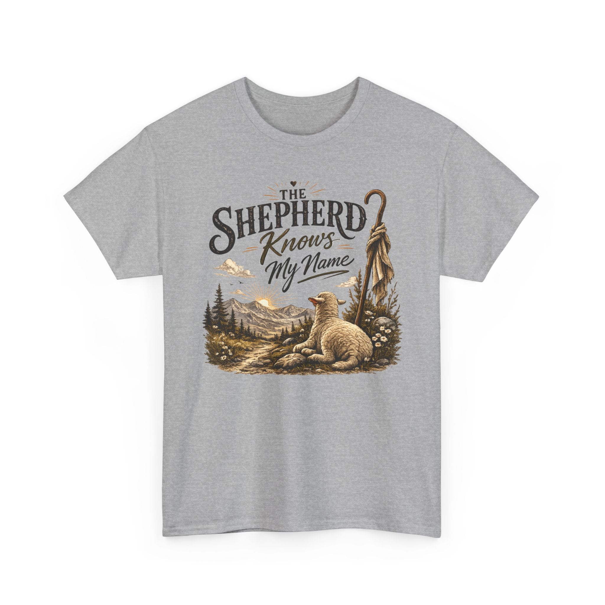 The Shepherd Knows My Name T‑Shirt — Christian Faith Tee with Shepherd & Sheep Design