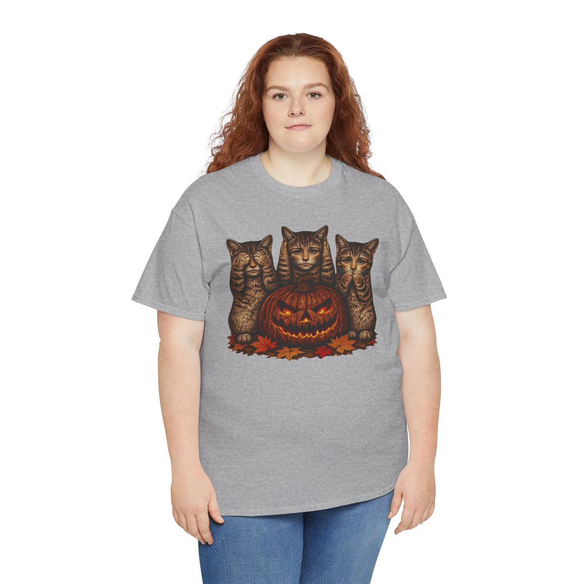 Halloween Cats T-Shirt — Trio of Kittens with Jack-O'-Lantern Fall Tee