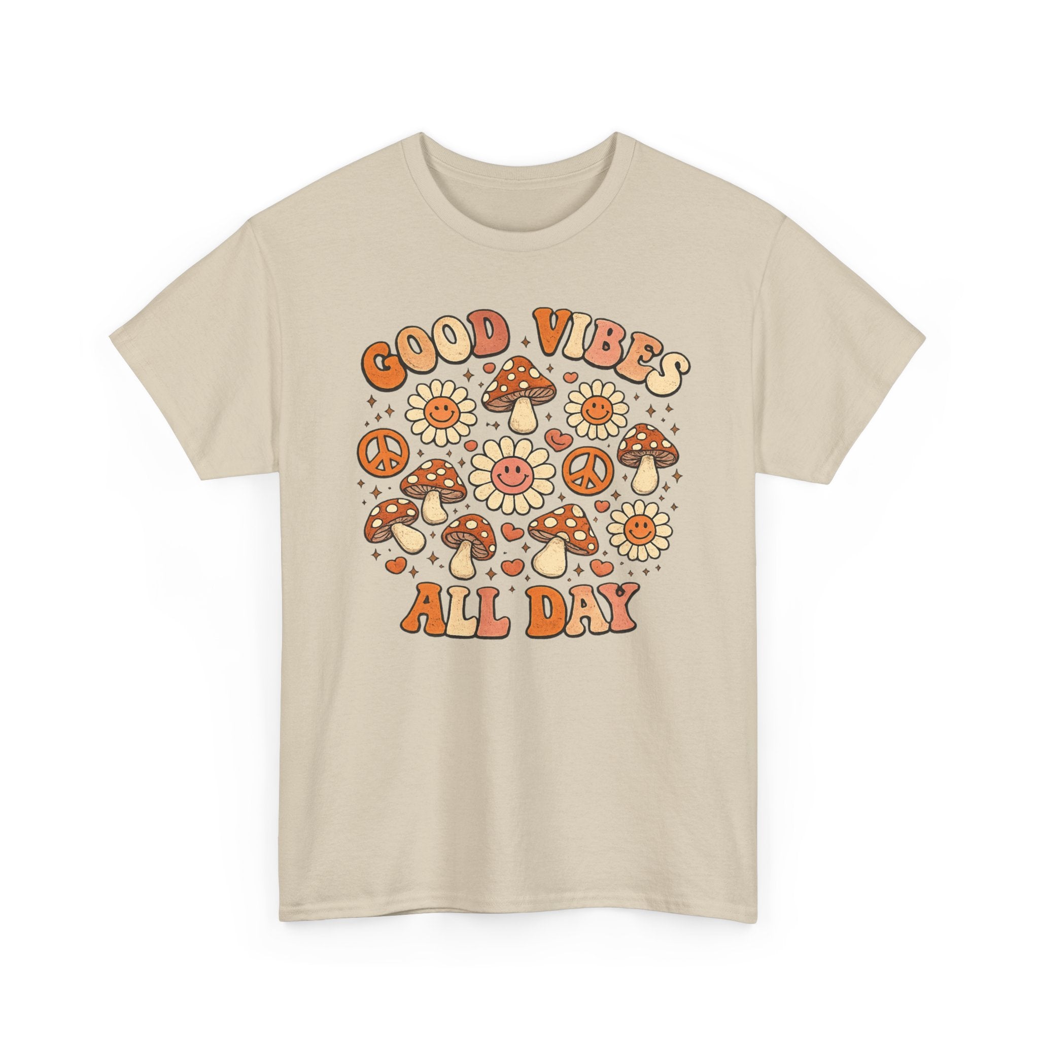 Boho-Good Vibes All Day T-Shirt — Retro Mushroom & Daisy Graphic Tee
