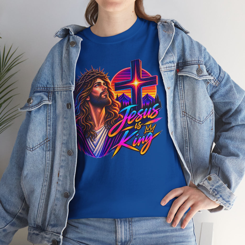 Jesus Is King T-Shirt — Neon Portrait Cross Christian Tee