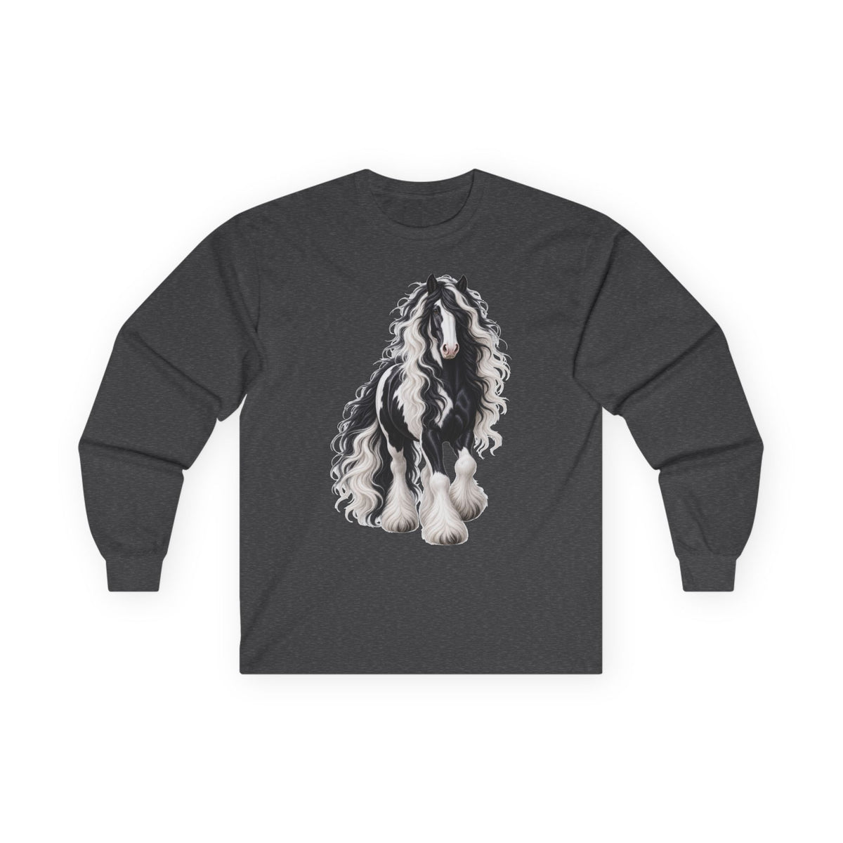 Gypsy Vanner Horse Long Sleeve Tee — Black & White Fluffy Horse Art
