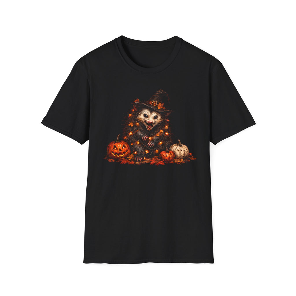 Halloween Possum T‑Shirt — Cute Spooky Opossum in Witch Hat with Fairy lights and Pumpkins