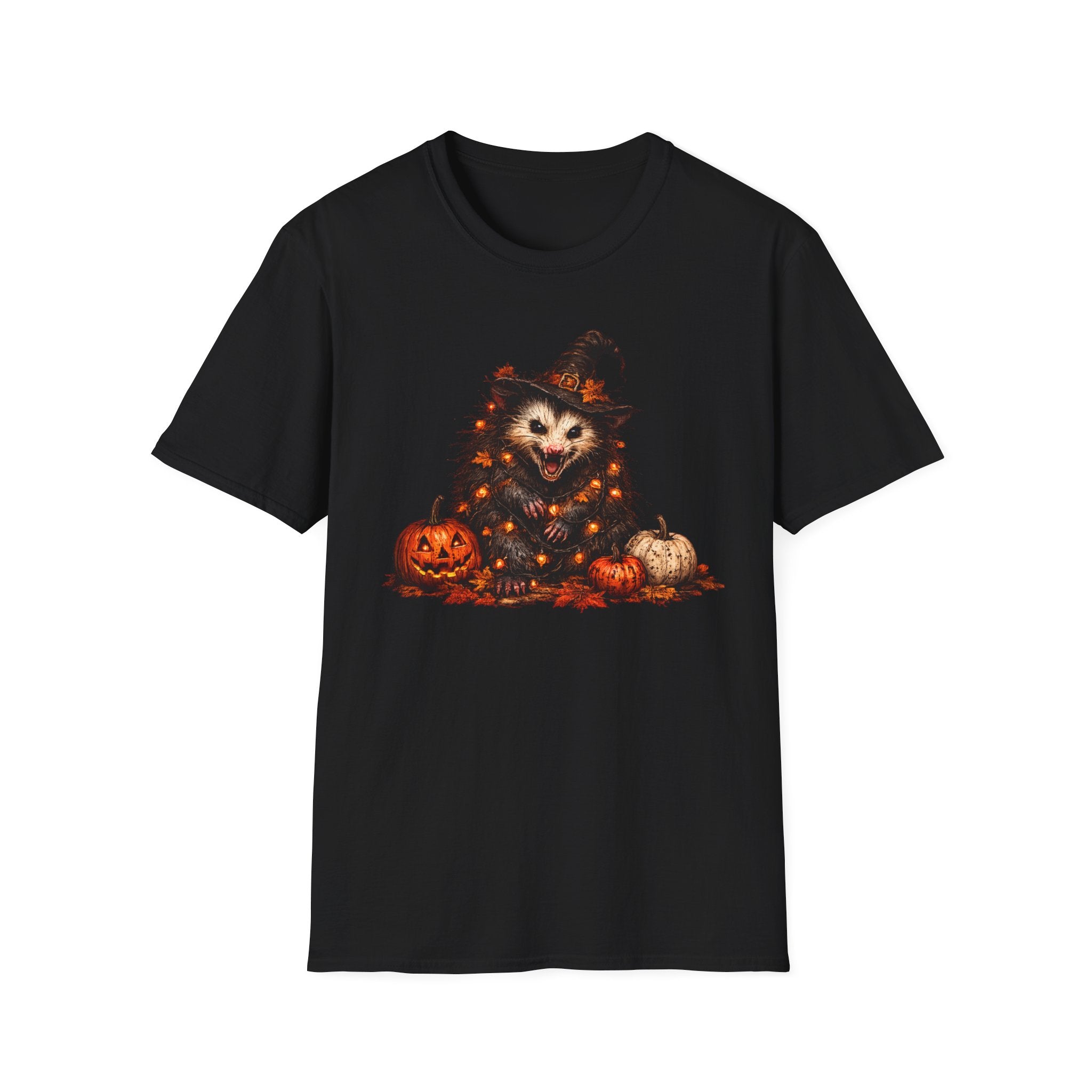 Halloween Possum T‑Shirt — Cute Spooky Opossum in Witch Hat with Fairy lights and Pumpkins