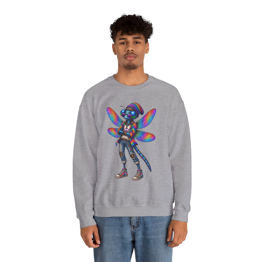 Neon Dragonfly Crewneck Sweatshirt — Rainbow Cyberpunk Kitty Graphic