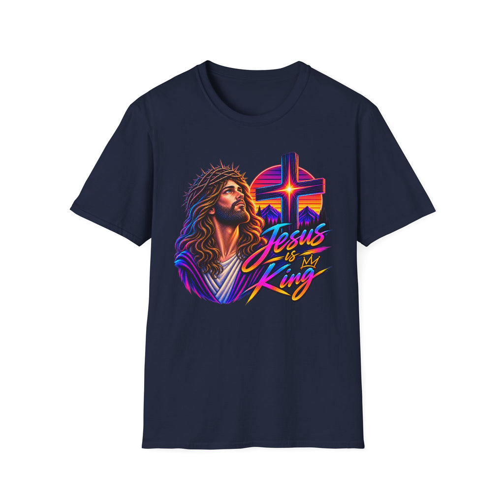 Jesus Is King T‑Shirt — Retro Neon Cross & Christ Portrait