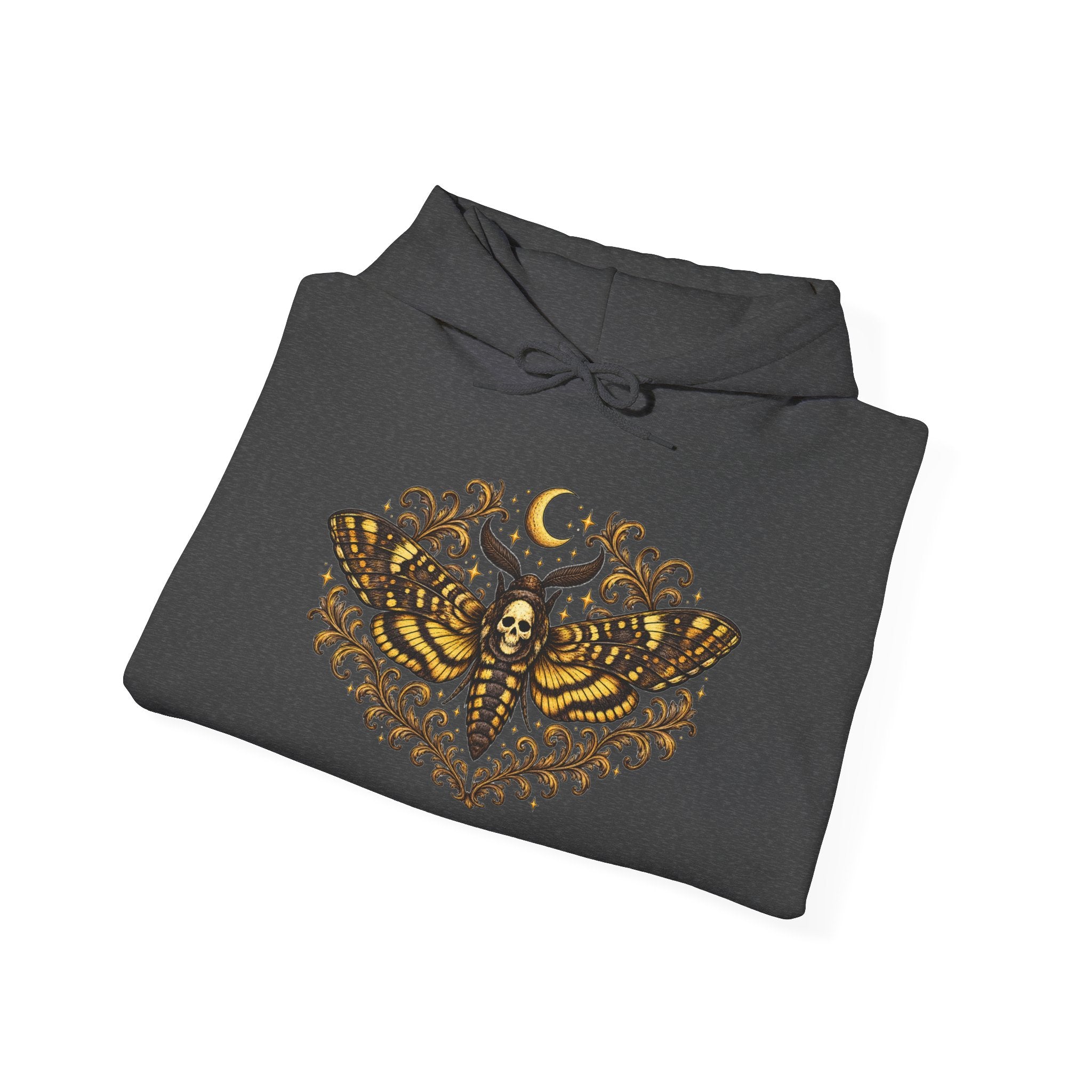 Mystic Death Moth Skull Hoodie – Crescent Moon Gothic Graphic Sweatshirt