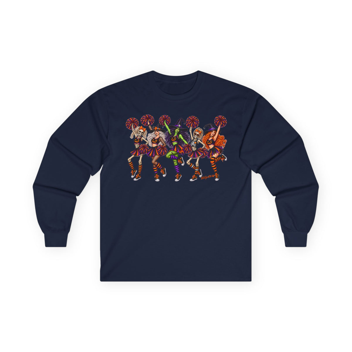 Cheerleader Skeletons and Witches Halloween Long Sleeve Tee