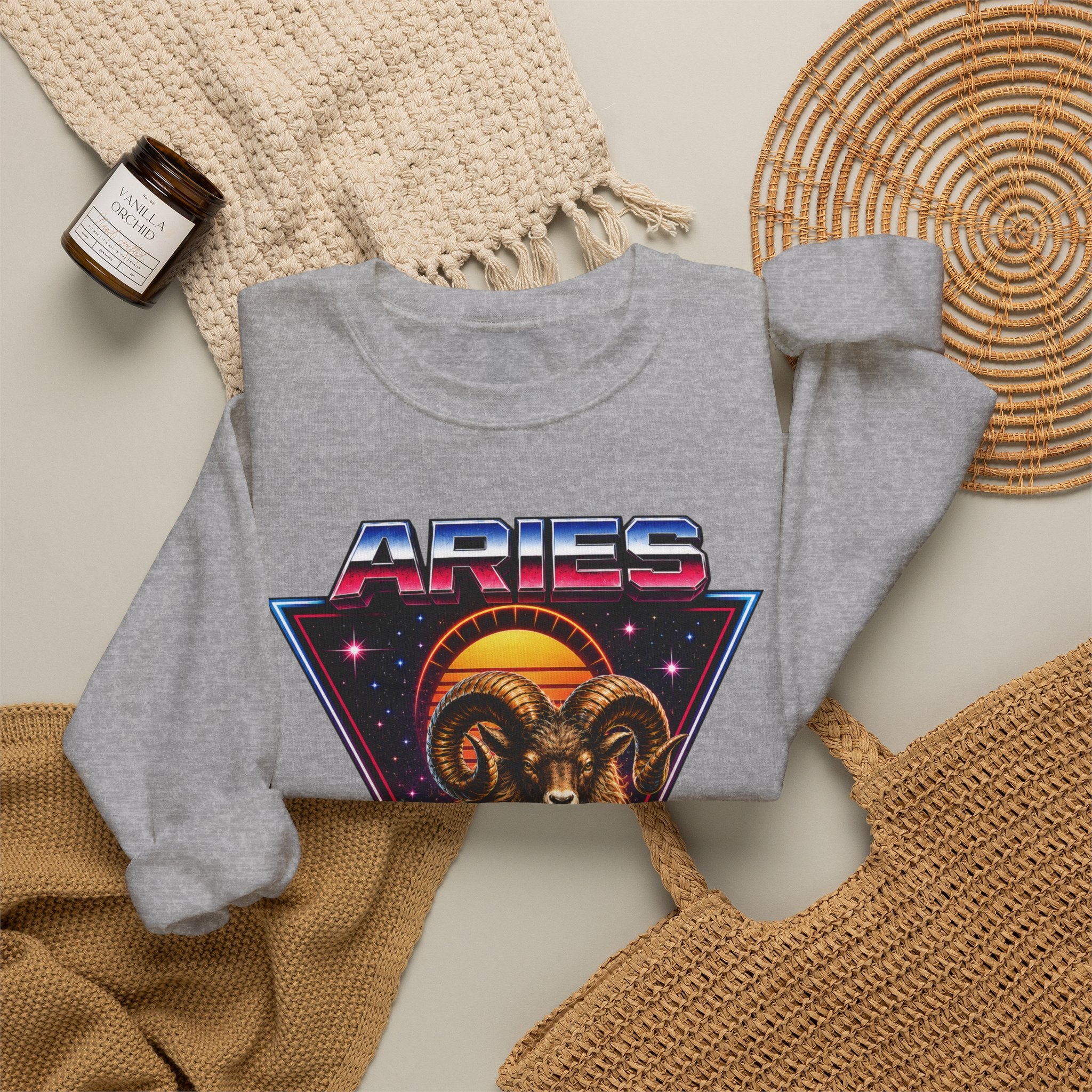 Aries Zodiac Crewneck Sweatshirt — 80s Retro Ram Astrology Graphic