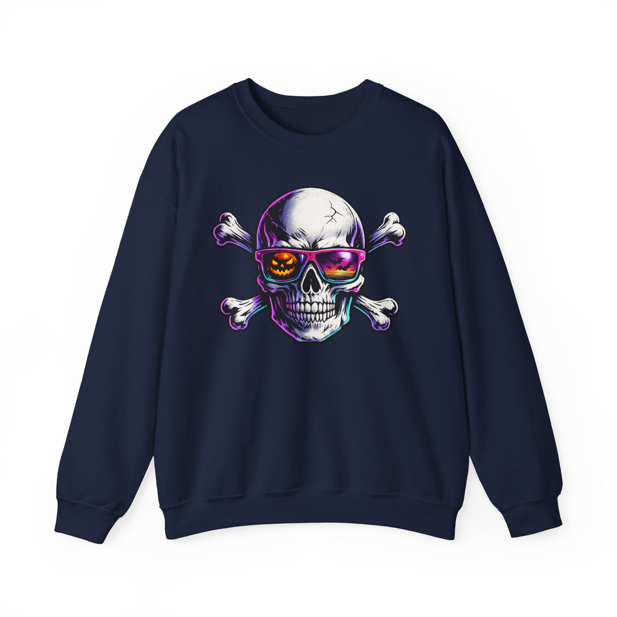 Skull & Crossbones Crewneck Sweatshirt — Neon Sunglasses Halloween Skull Graphic