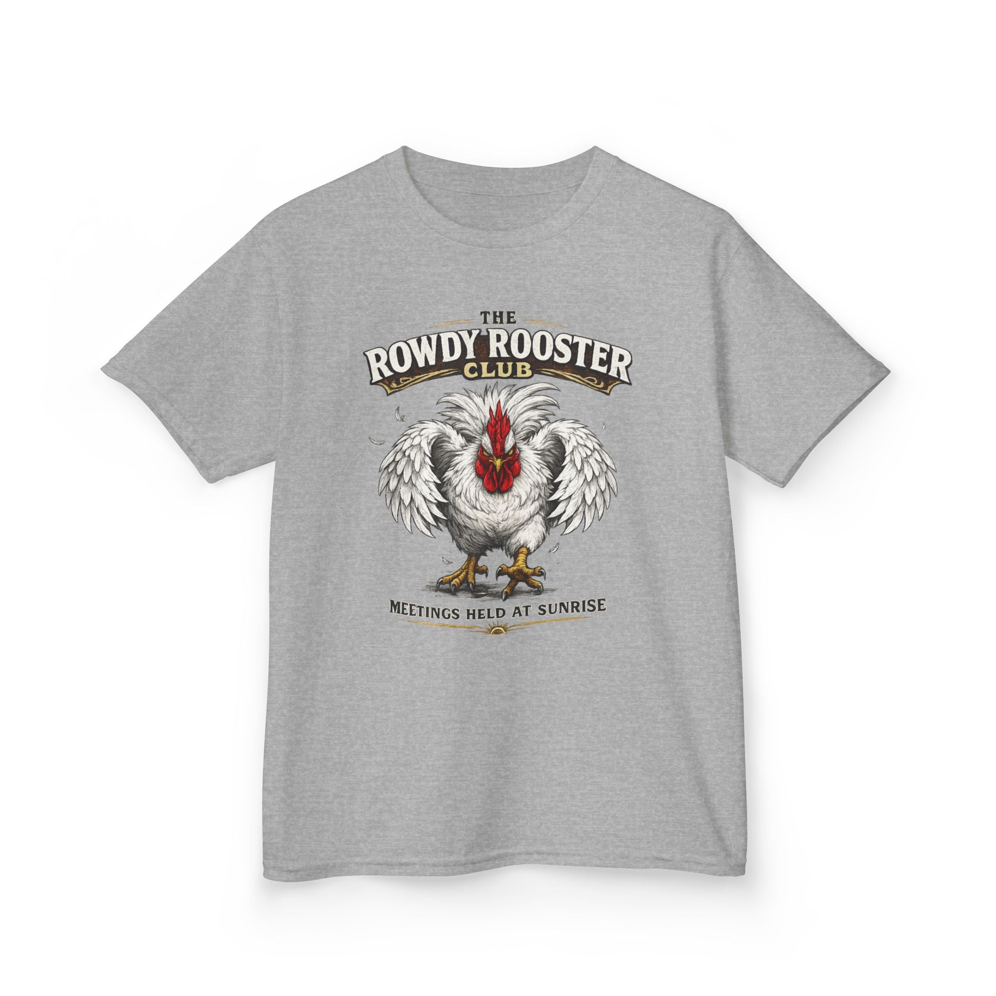 Kids Tee — "The Rowdy Rooster Club: Meetings Held at Sunrise" Graphic Shirt