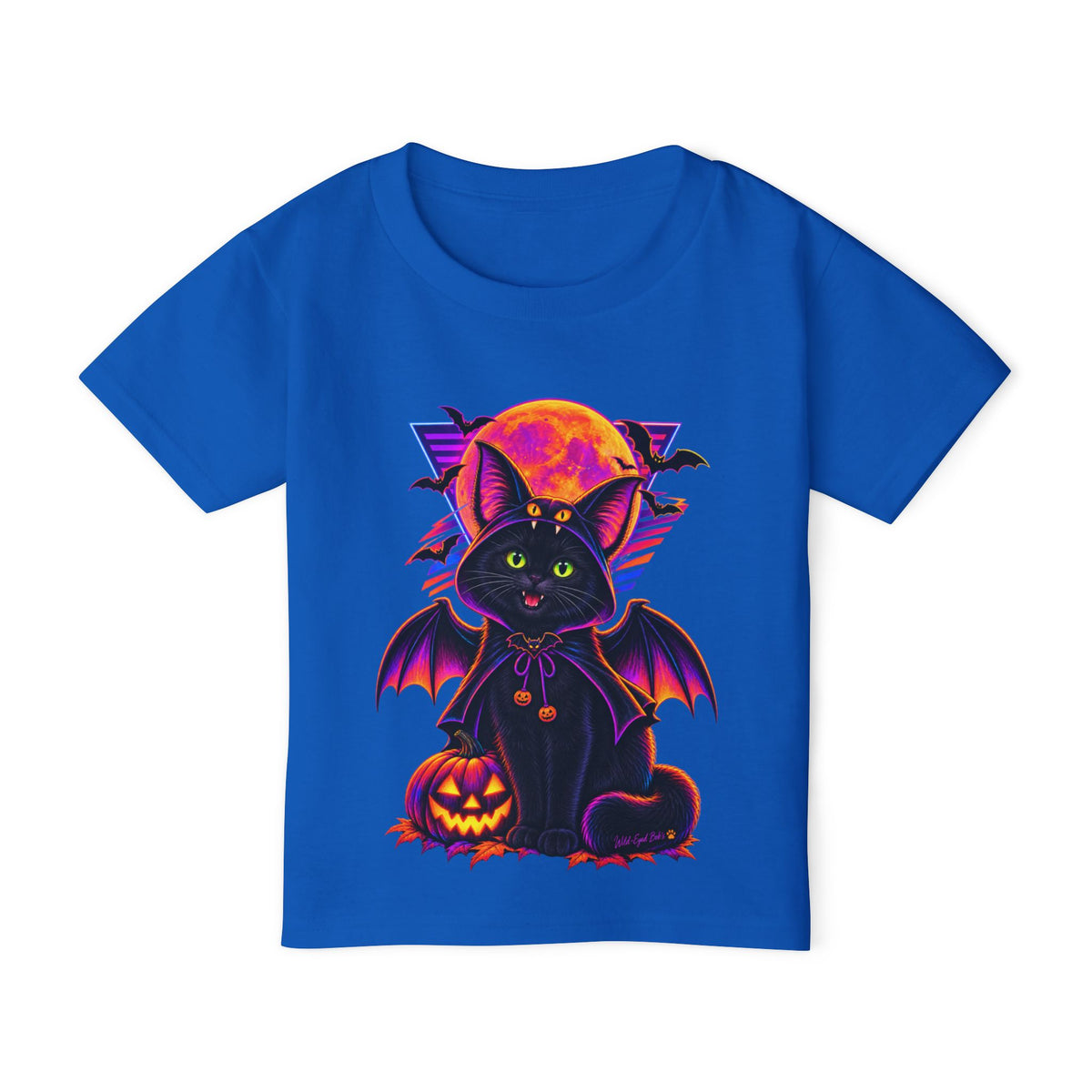 Toddler Halloween Bat Cat T-Shirt — Cute Black Cat with Pumpkin & Full Moon