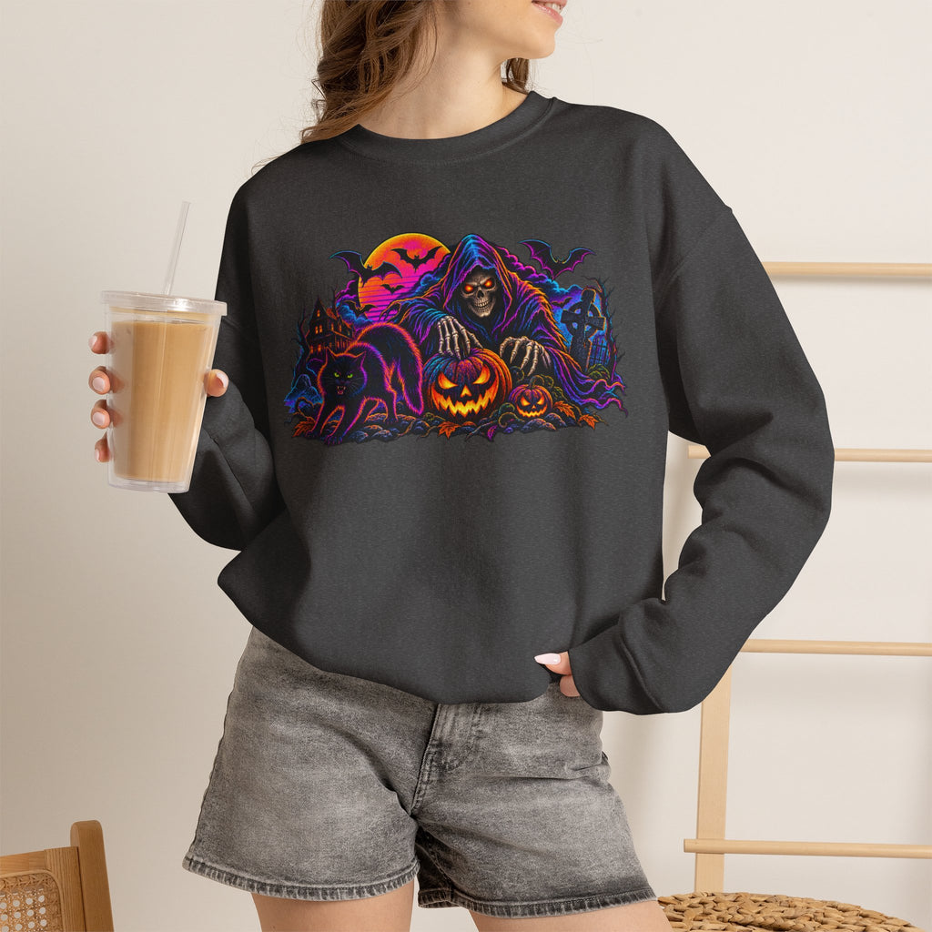 Halloween Crewneck Sweatshirt — Neon Haunted Pumpkin & Grim Reaper Design