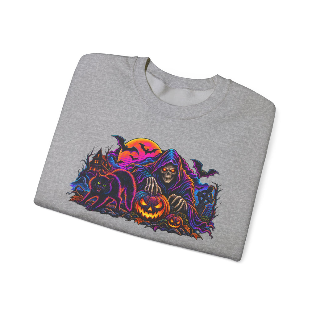 Halloween Crewneck Sweatshirt — Neon Haunted Pumpkin & Grim Reaper Design