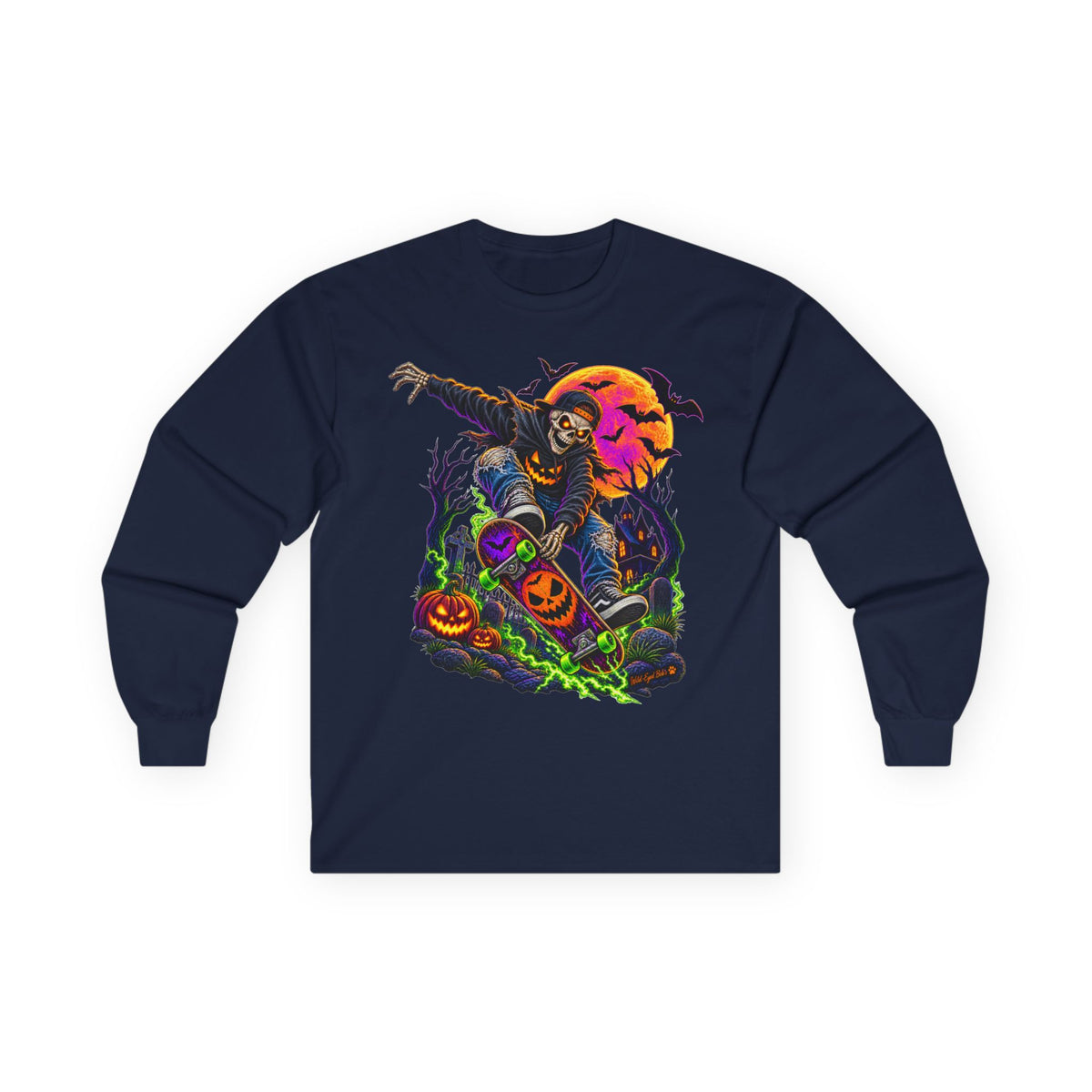 Halloween Skeleton Skateboarder Graphic Long Sleeve Tee