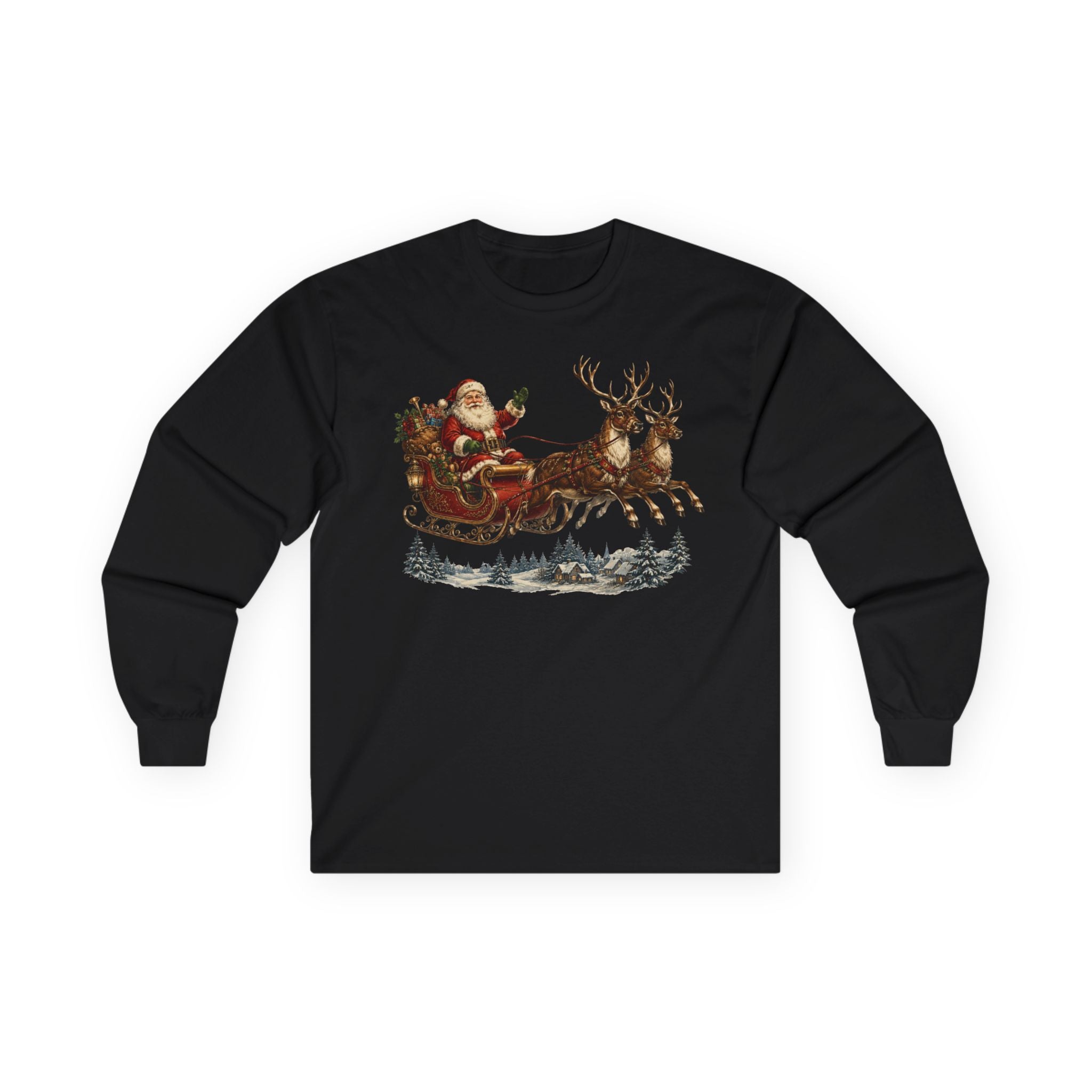 Santa Sleigh Long Sleeve Tee — Vintage Christmas Reindeer Shirt