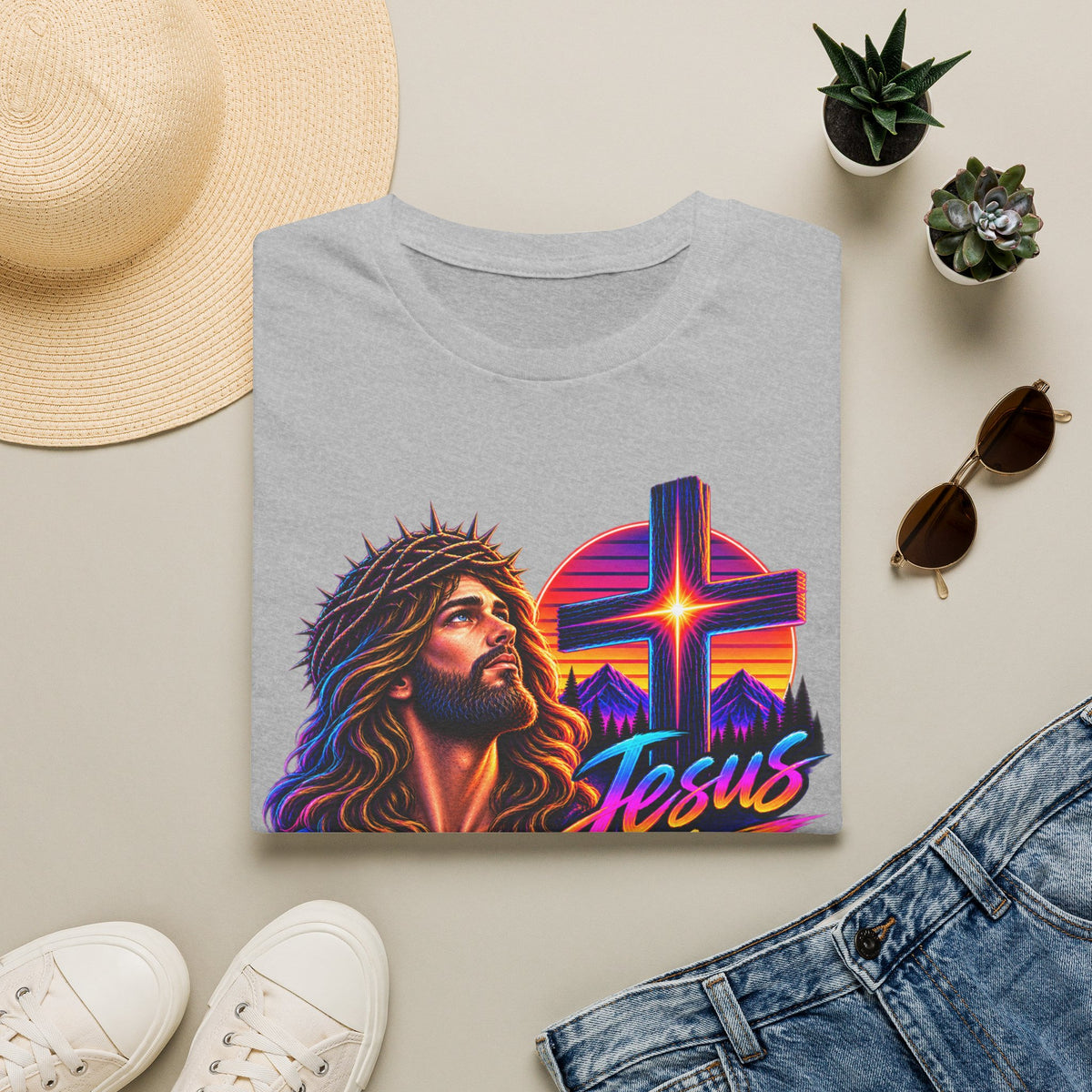 Jesus Is King T‑Shirt — Retro Neon Cross & Christ Portrait