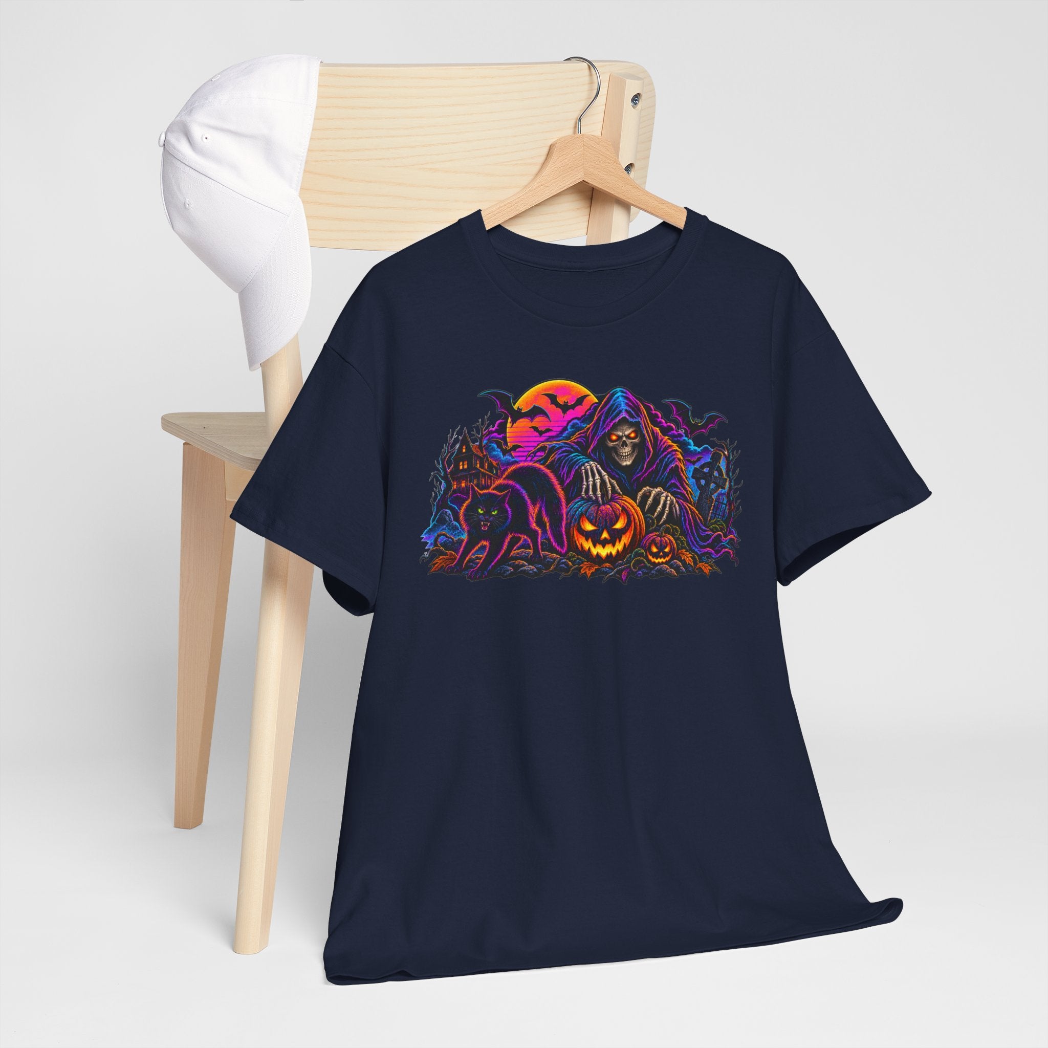 Halloween Grim Reaper Jack-O'-Lantern Tee — Retro Neon Spooky Skull Shirt