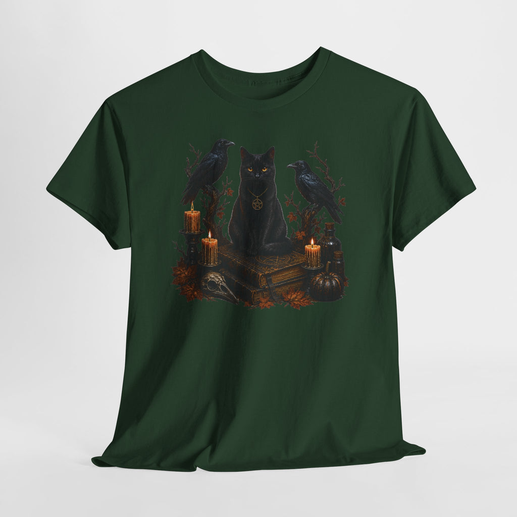 Witchy Black Cat T-Shirt — Candlelit Raven & Grimoire Gothic Tee