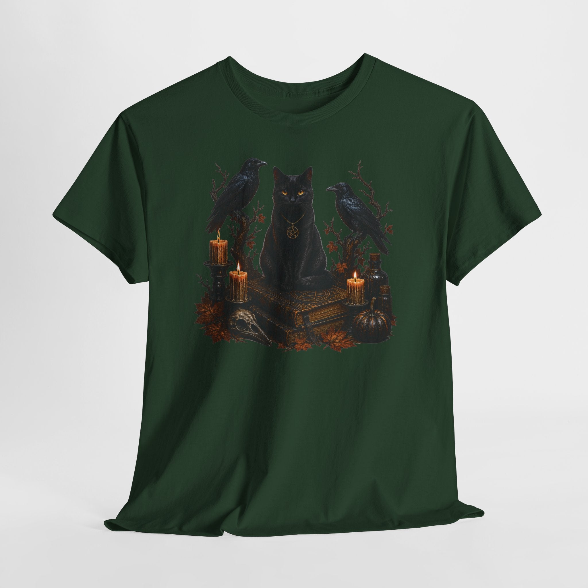 Witchy Black Cat T-Shirt — Candlelit Raven & Grimoire Gothic Tee