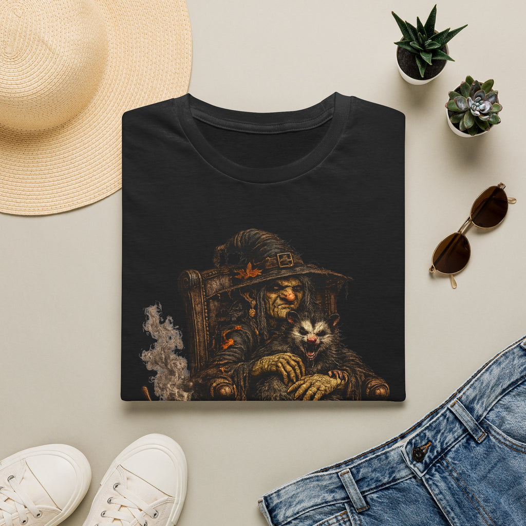 Witch and Possum Graphic T‑Shirt — Cozy Spooky Halloween Tee
