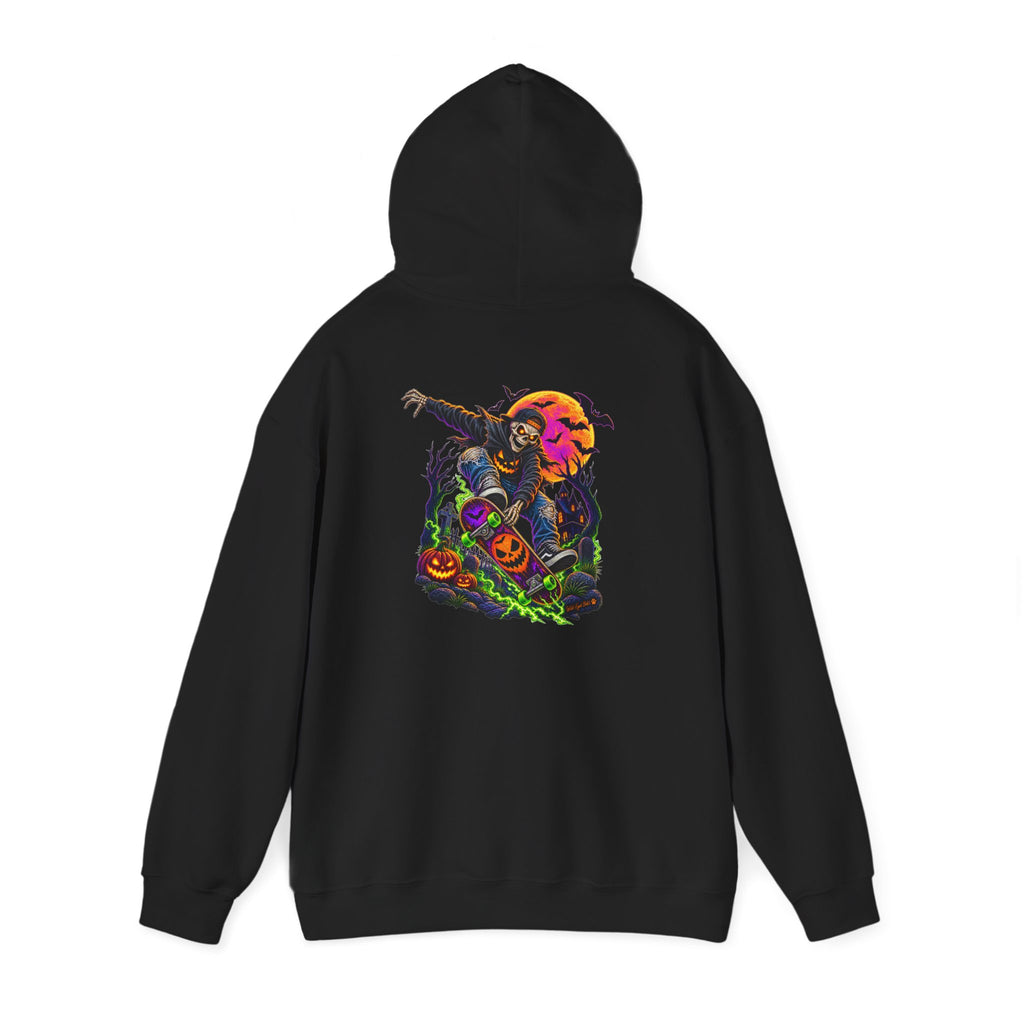 Halloween Skeleton skateboarder Hoodie — Pumpkin Patch Horror Graphic Sweatshirt