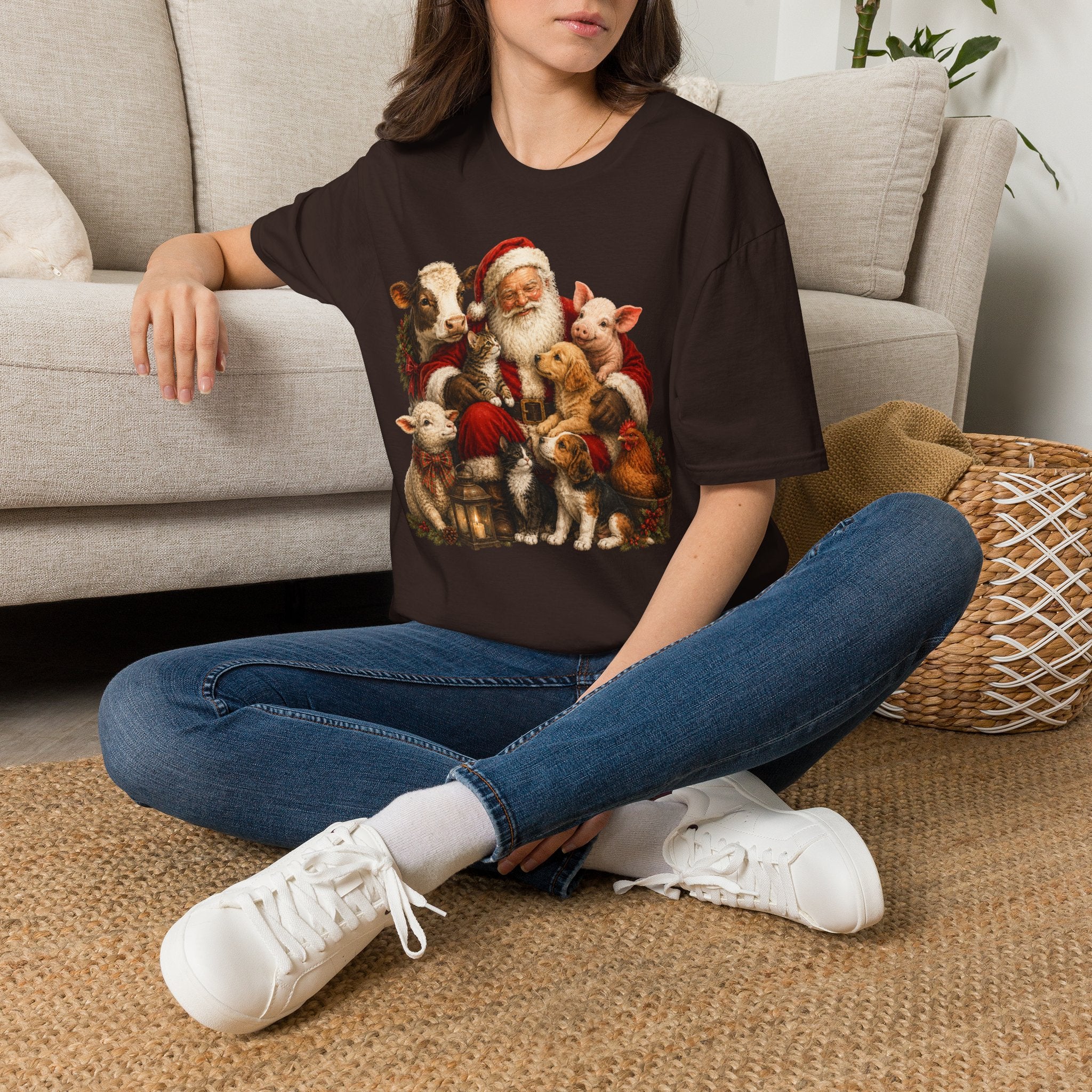 Santa with Farm Animals Christmas T-Shirt
