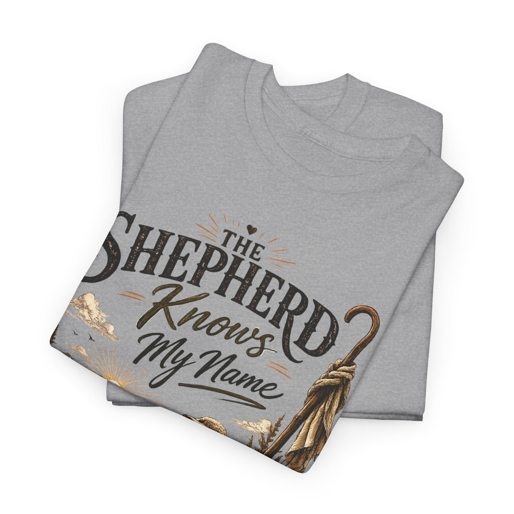 The Shepherd Knows My Name T‑Shirt — Christian Faith Tee with Shepherd & Sheep Design